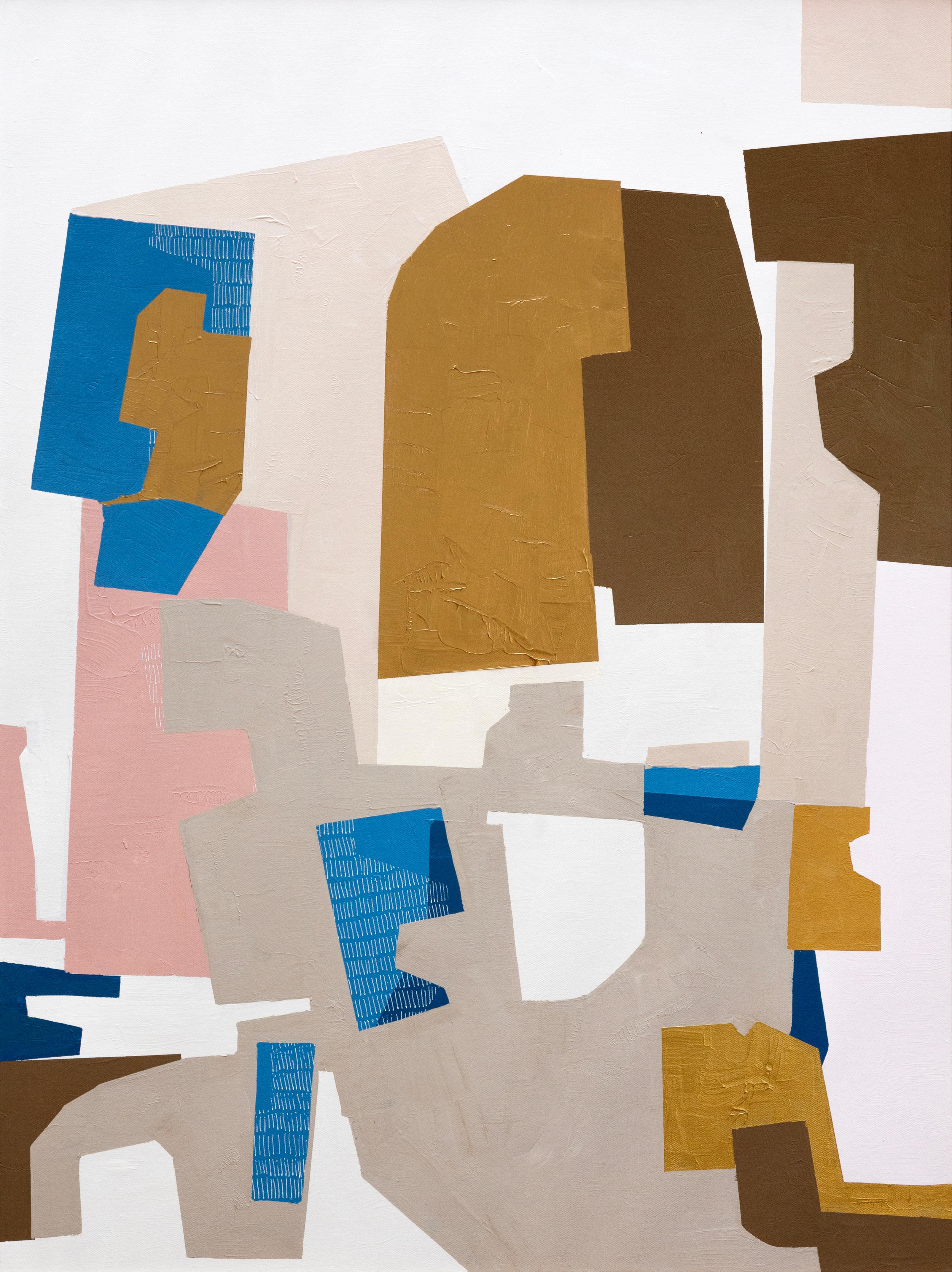 Her Security in Gold by Rubeena Ratcliffe is an abstract painting with an airy composition of interlocking geometric shapes, float-framed in light wood. The balance of open space and overlapping shapes creates a sense of lightness and structure,