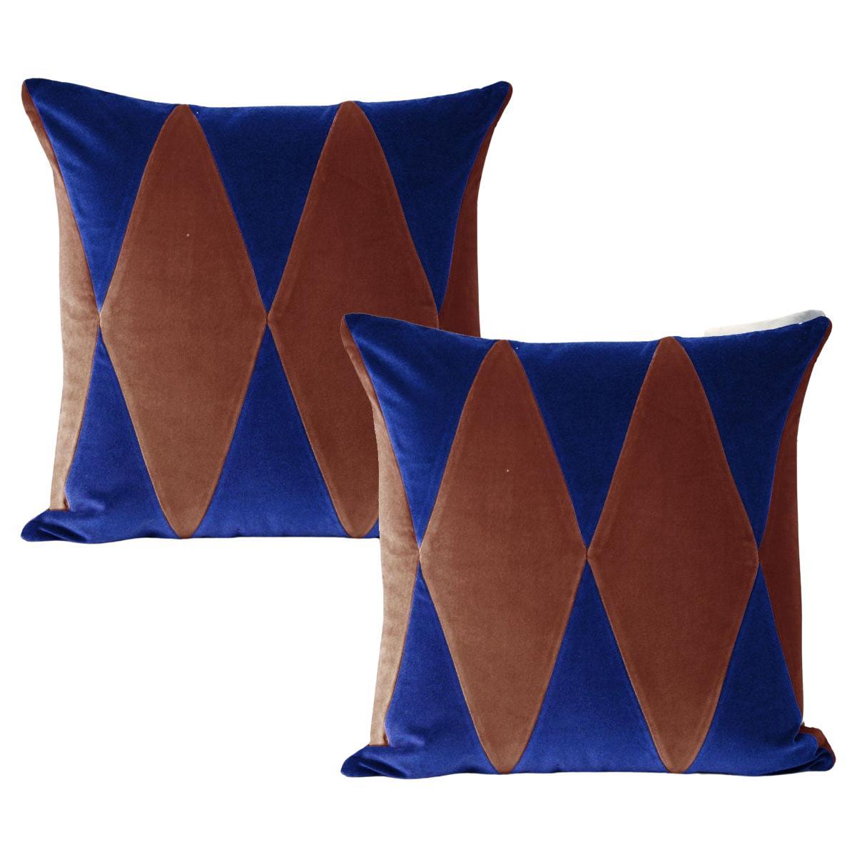 RUBELITA Cobalt Blue and Brown - Set of 2 Cotton Velvet Deluxe Cushions