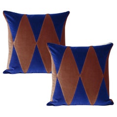 RUBELITA Cobalt Blue and Brown - Set of 2 Cotton Velvet Deluxe Cushions