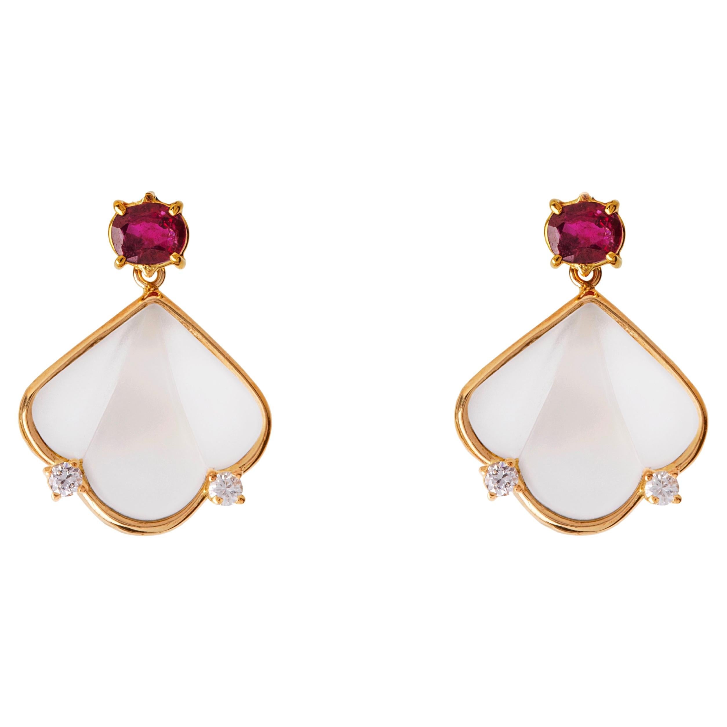 Rubelite 0.12c White Diamonds 18k Yellow Gold Rock Crystal Dangle Earrings For Sale