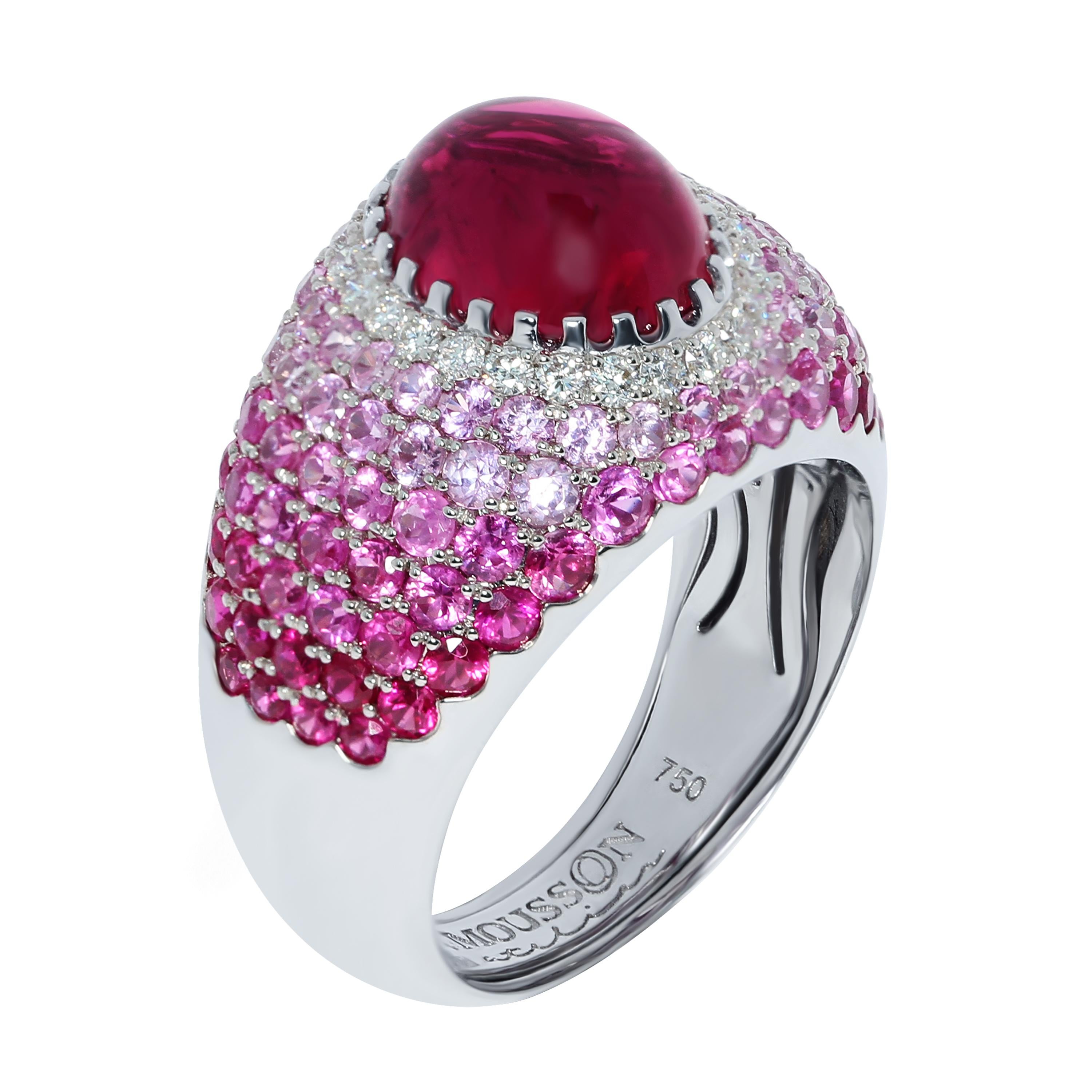 Rubelite 2.79 Carat Diamonds Rubies Sapphires White 18 Karat Gold Riviera Ring
The name and the variety of colours in this collection are associated with the bright Italian and French Riviera, vivid and colourful houses and sun reflections on the