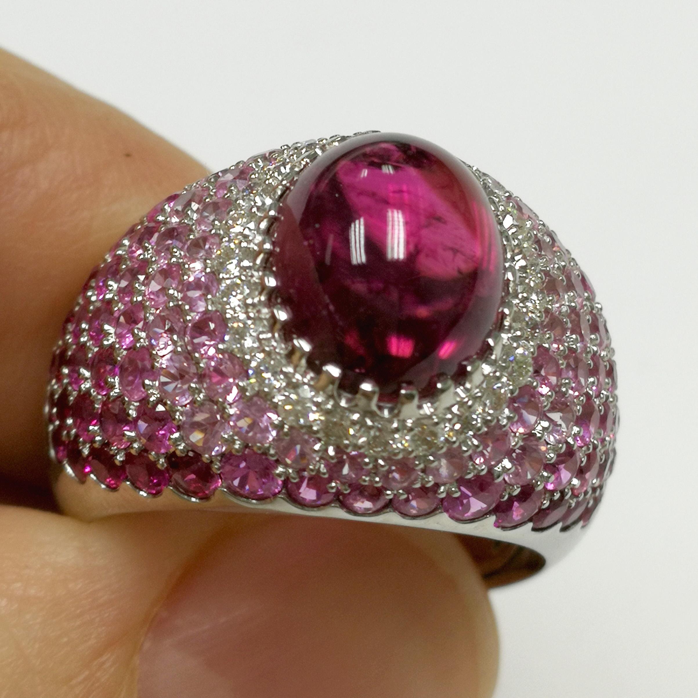 Contemporary Rubelite 2.79 Carat Diamonds Rubies Sapphires White 18 Karat Gold Riviera Ring For Sale