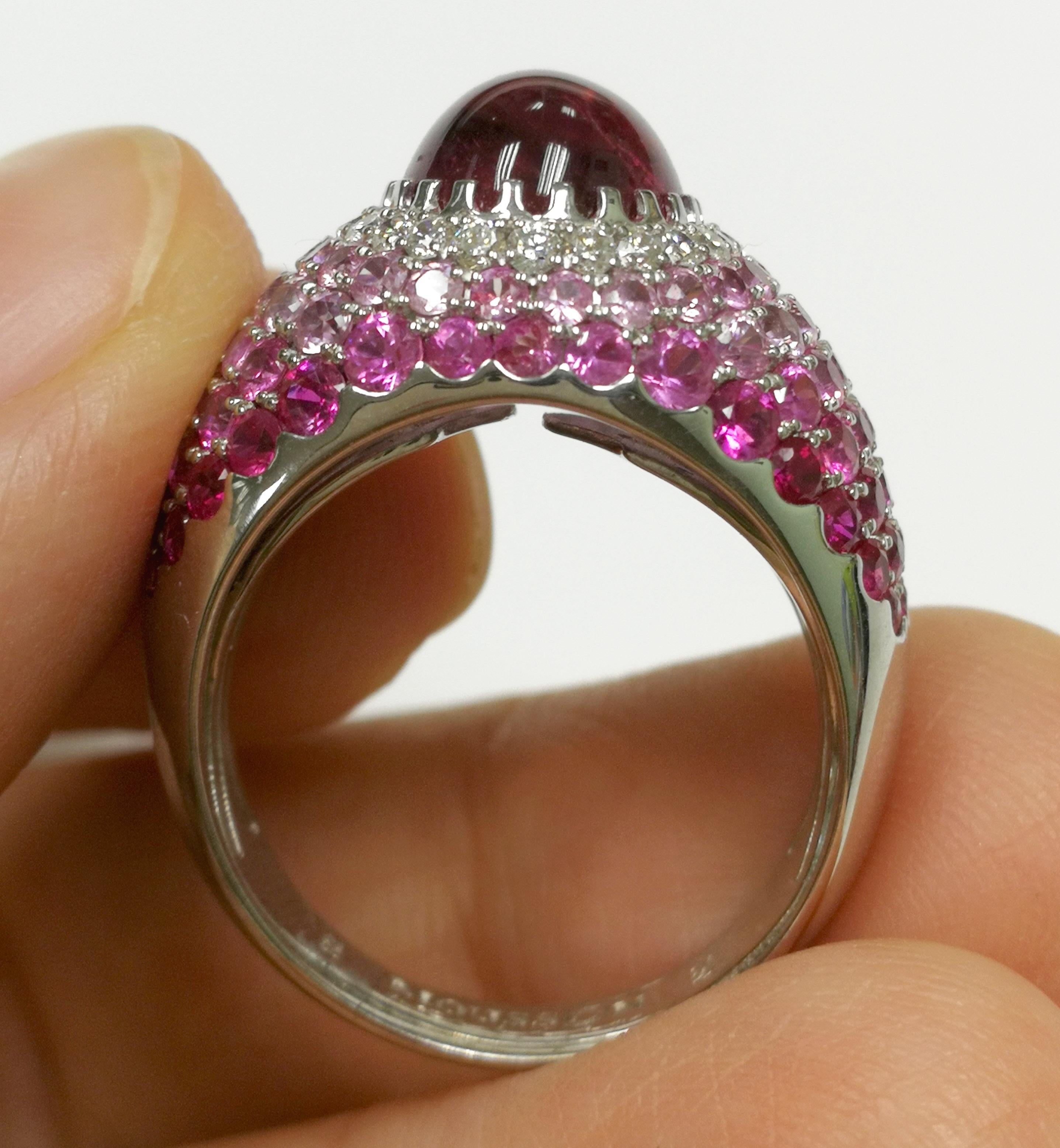 Oval Cut Rubelite 2.79 Carat Diamonds Rubies Sapphires White 18 Karat Gold Riviera Ring For Sale