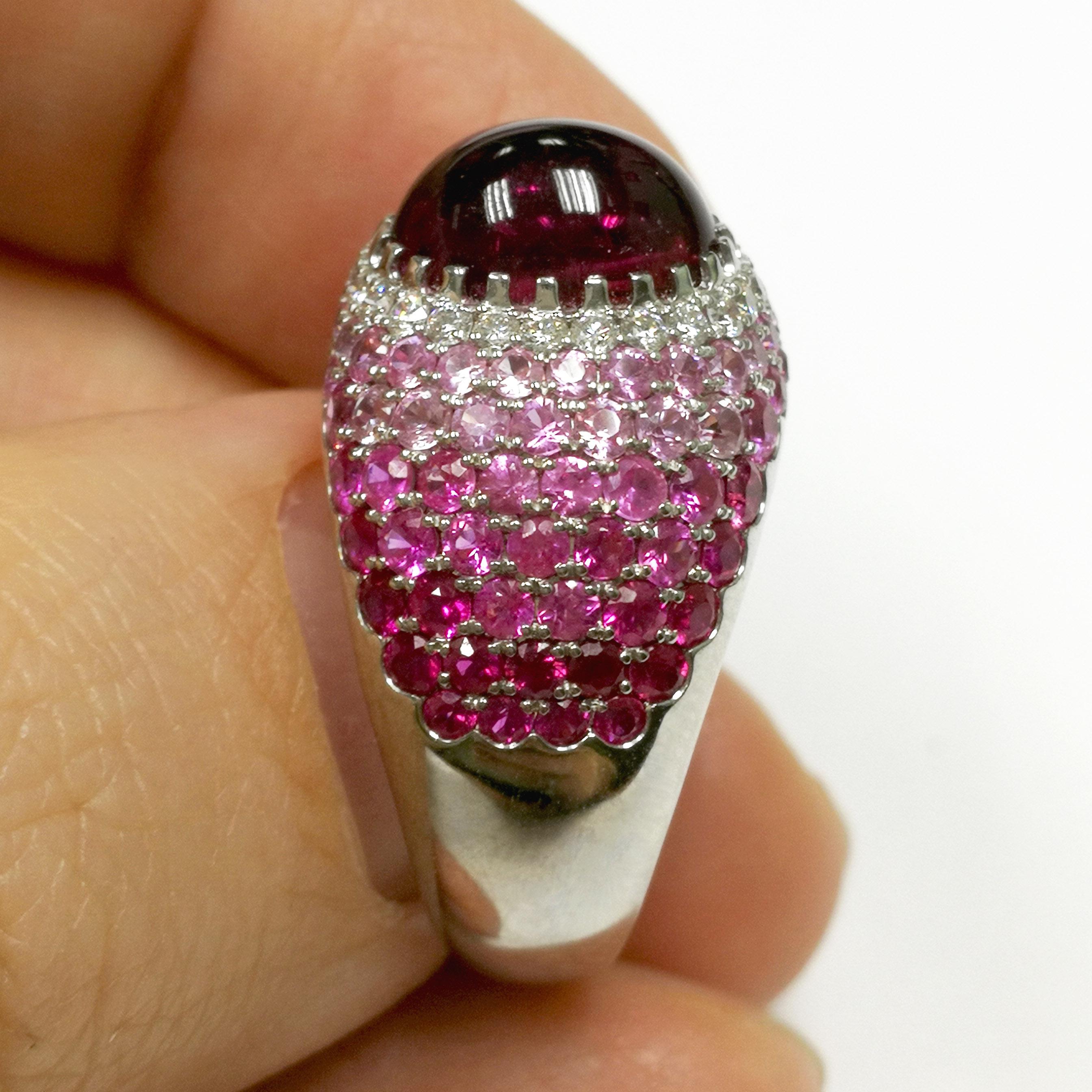Rubelite 2.79 Carat Diamonds Rubies Sapphires White 18 Karat Gold Riviera Ring In Excellent Condition For Sale In Bangkok, TH