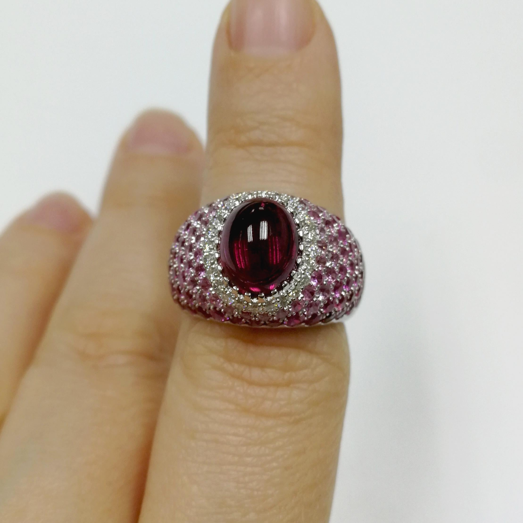 Rubelite 2.79 Carat Diamonds Rubies Sapphires White 18 Karat Gold Riviera Ring For Sale 1