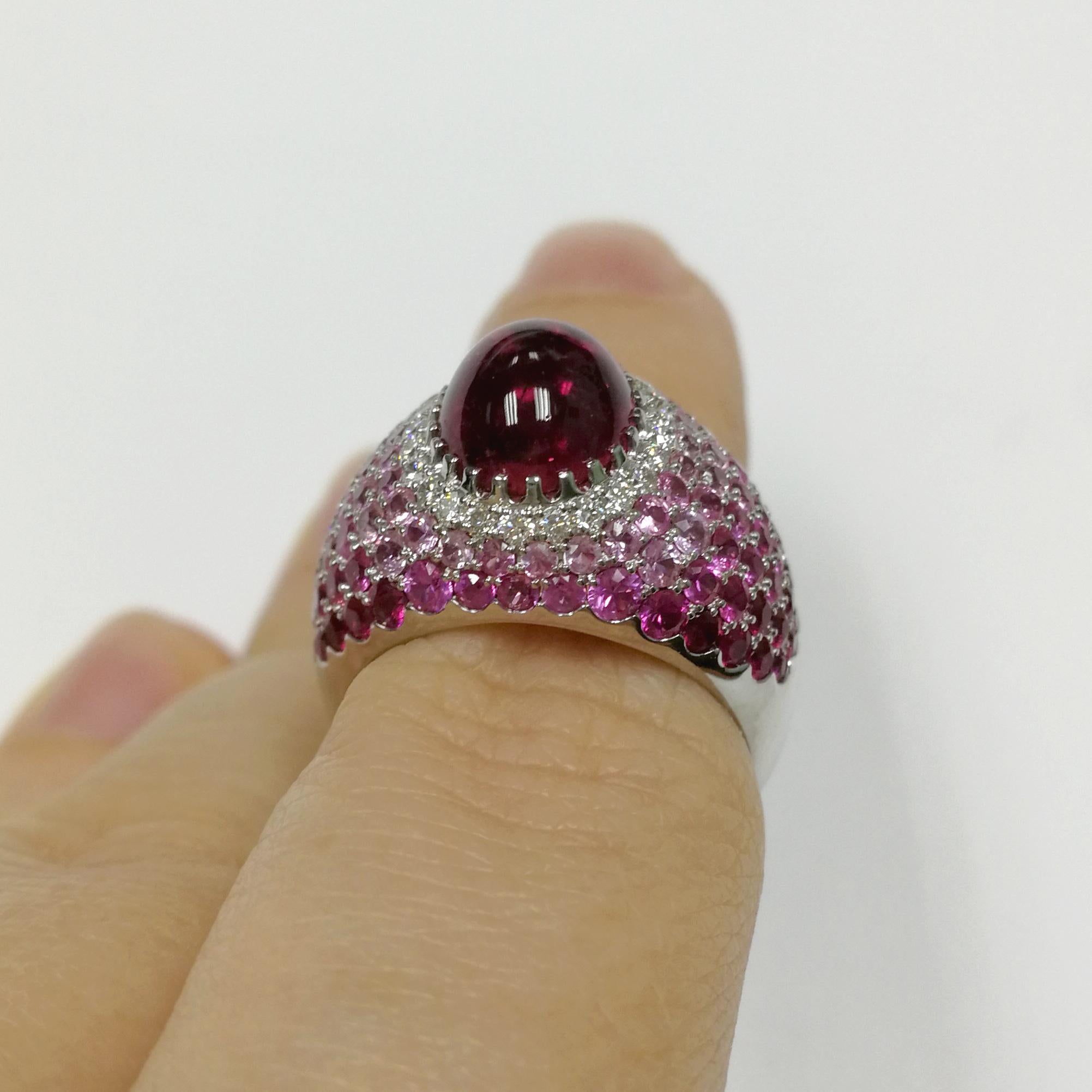 Rubelite 2.79 Carat Diamonds Rubies Sapphires White 18 Karat Gold Riviera Ring For Sale 2