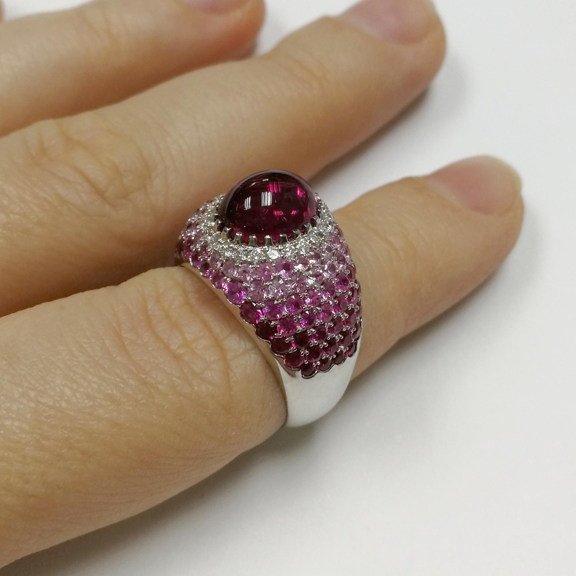 Rubelite 2.79 Carat Diamonds Rubies Sapphires White 18 Karat Gold Riviera Ring For Sale 3