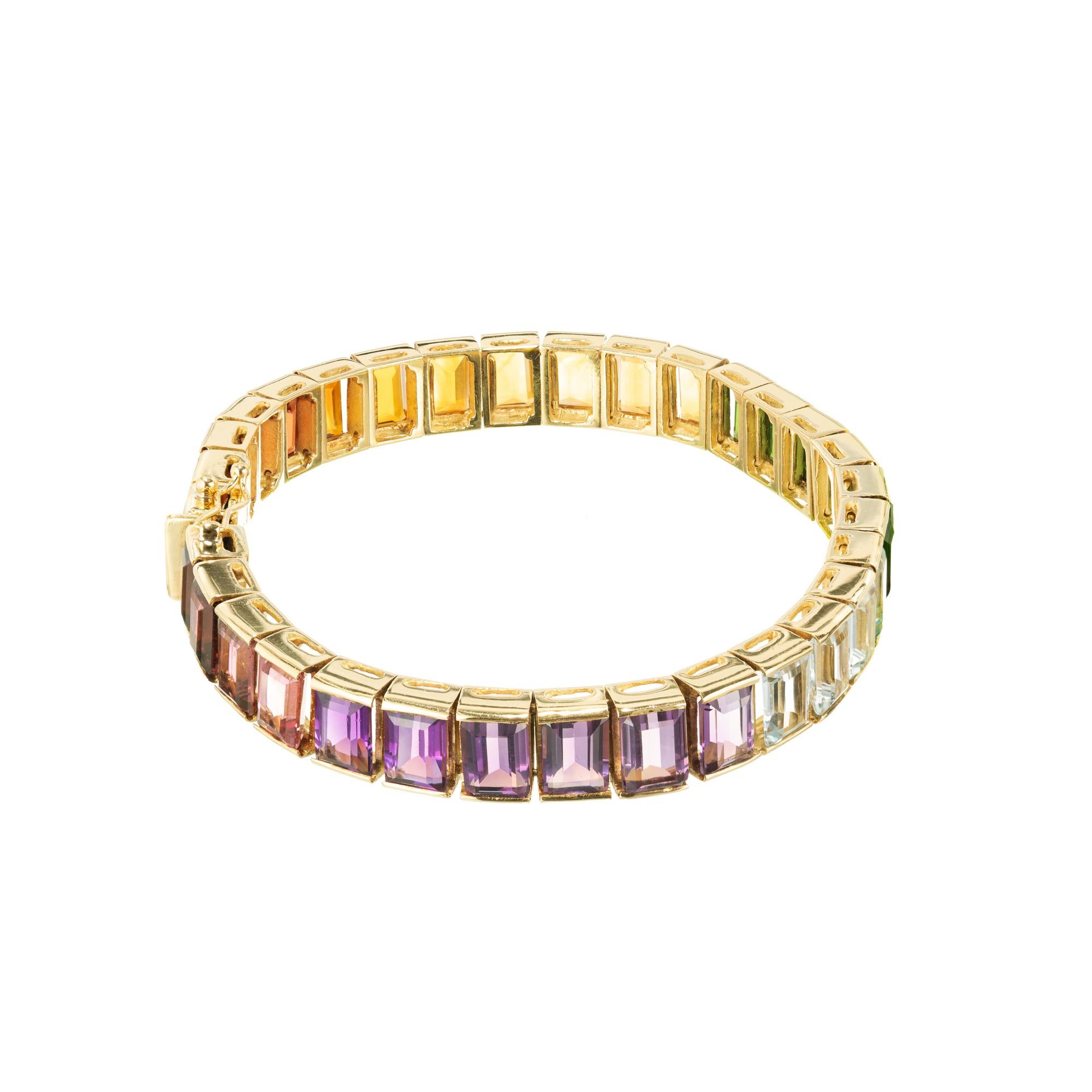 Emerald Cut Rubelite Amethyst Aqua Tourmaline Citrine Garnet Yellow Gold Bracelet