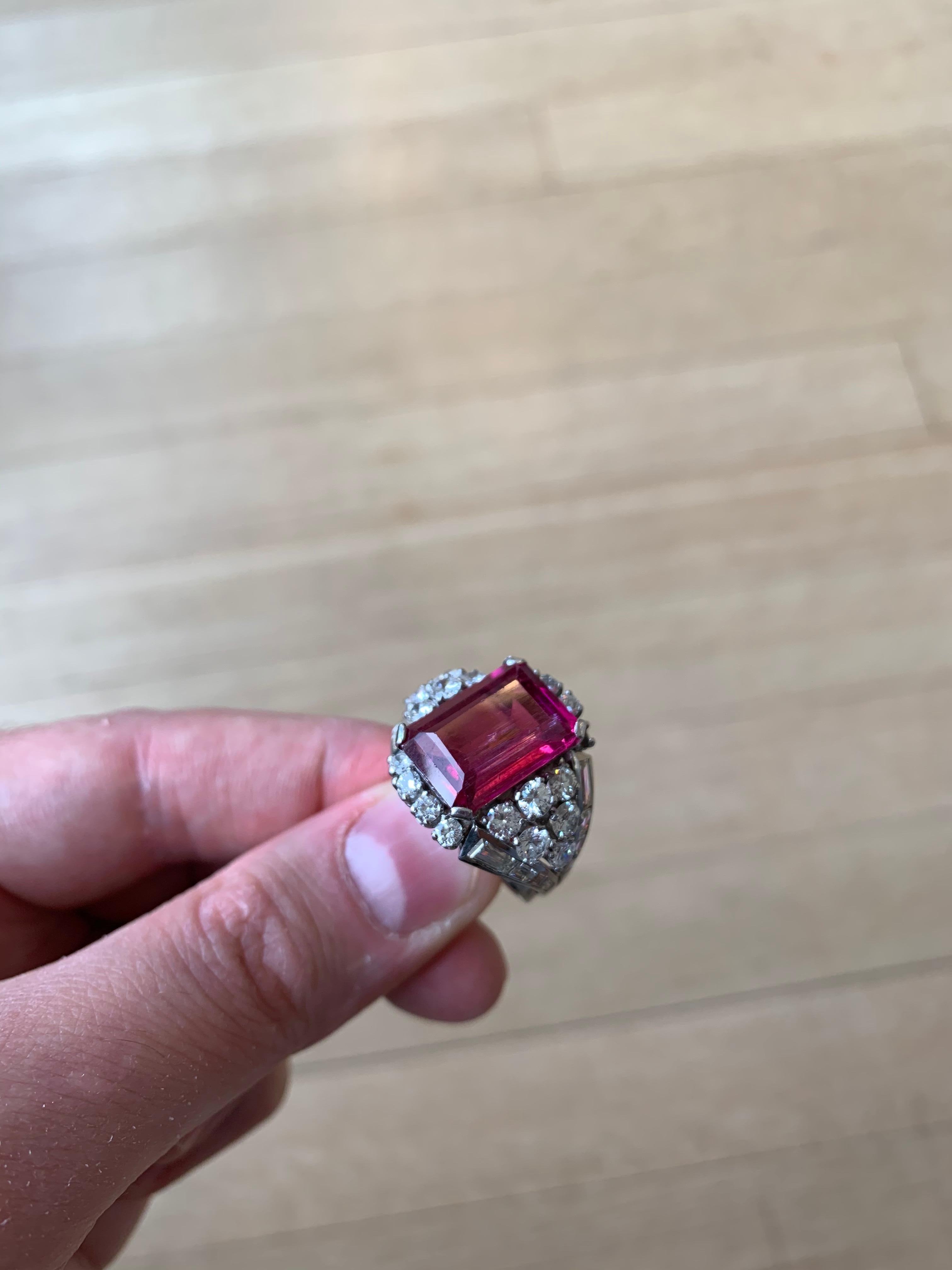 Emerald Cut Rubelite and Diamond Cocktail Ring For Sale