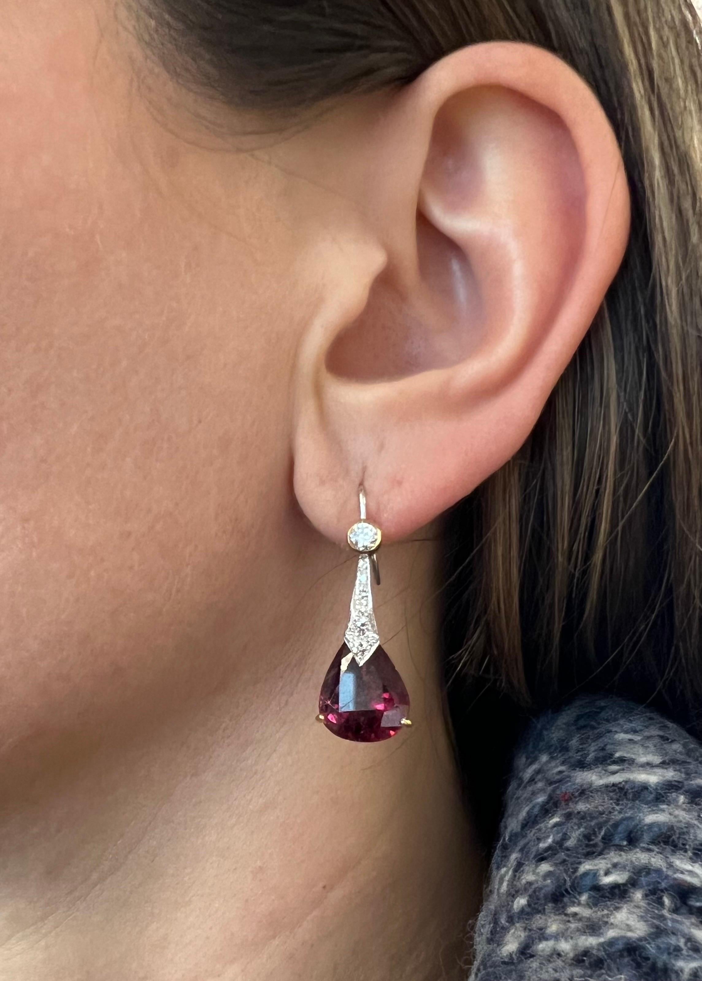 Pear Cut Rubelite and Diamond Earrings with White and Yellow Gold For Sale