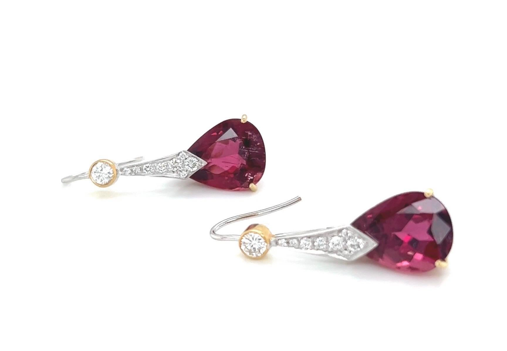 Rubelite and Diamond Earrings with White and Yellow Gold In New Condition For Sale In New York, NY