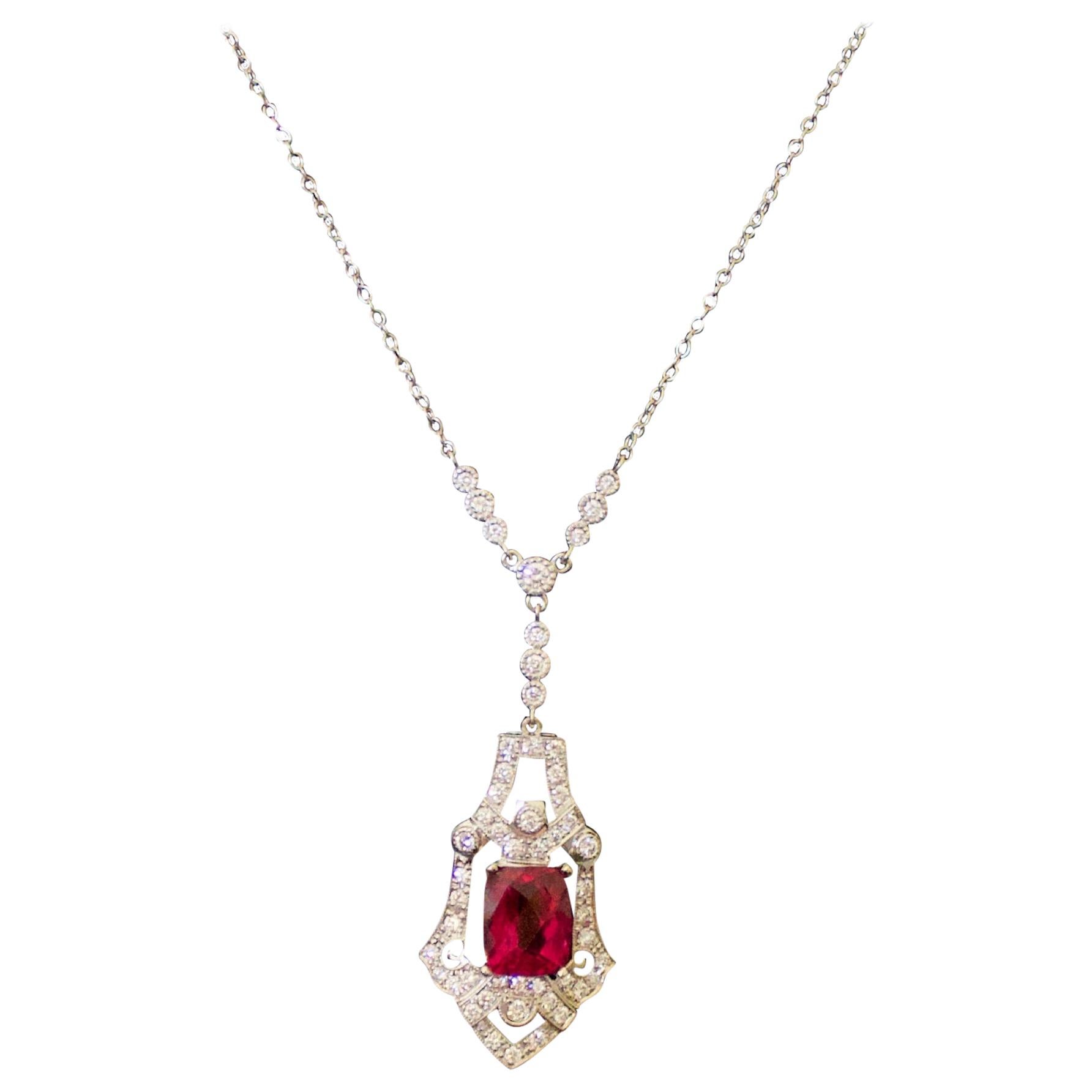 Rubelite and Diamond Necklace in 18 Karat White Gold For Sale