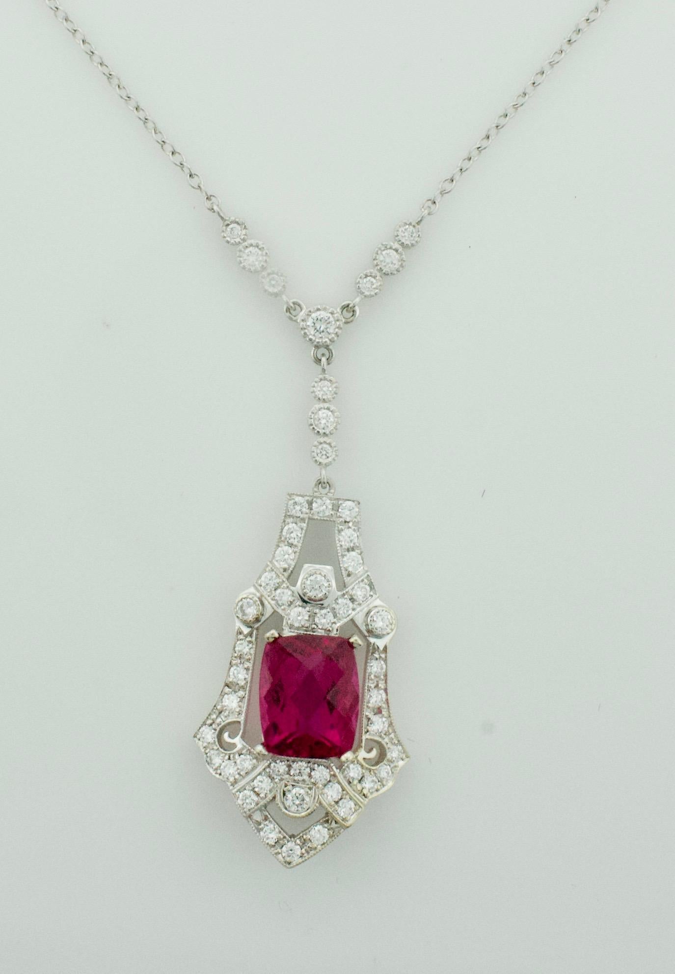Modern Rubelite and Diamond Necklace in 18 Karat White Gold For Sale