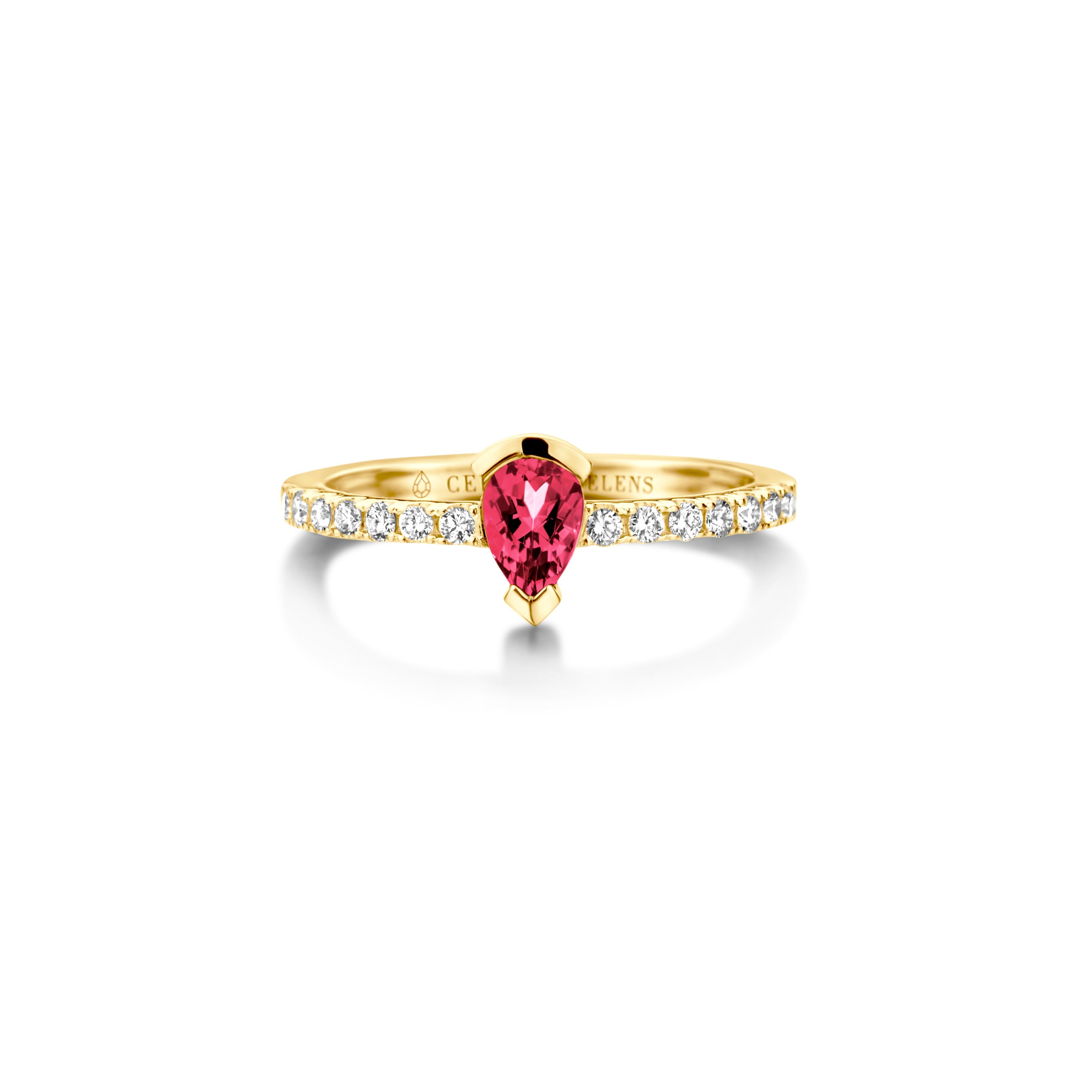 Adeline Straight ring in 18Kt rose gold set with a pear-shaped Rubelite and 0,24 Ct of white brilliant cut diamonds - VS F quality. Also, available in yellow gold and white gold. Celine Roelens, a goldsmith and gemologist, is specialized in unique,