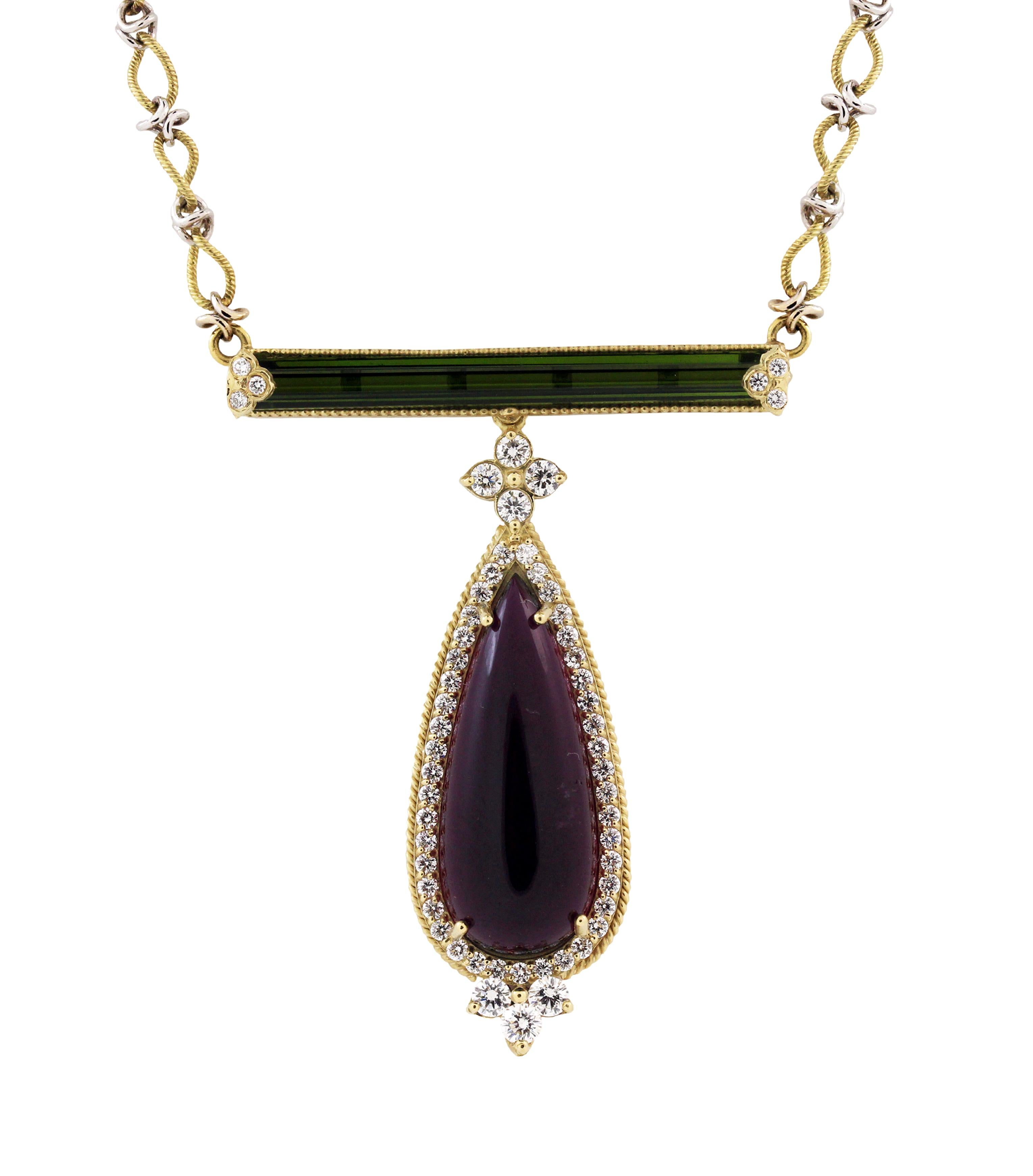 IF YOU ARE REALLY INTERESTED, CONTACT US WITH ANY REASONABLE OFFER. WE WILL TRY OUR BEST TO MAKE YOU HAPPY!

18K Two-Tone Gold Necklace with Rubelite and Green Tourmaline Pendant 

3.59 carat Rectangular Green Tourmaline 
13.40 carat Cabochon