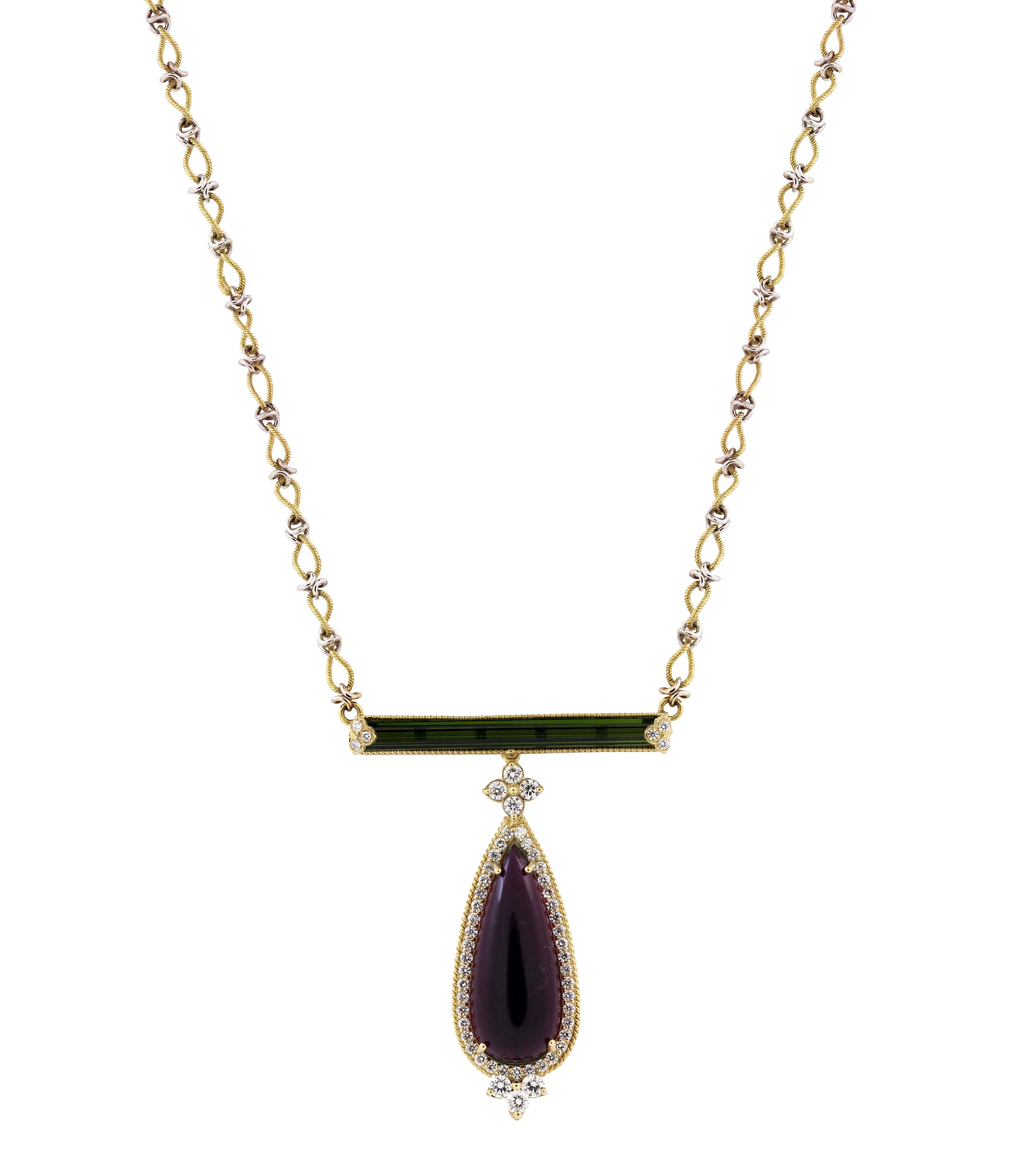 Women's Rubelite and Green Tourmaline Pendant Necklace with Gold and Diamonds Stambolian