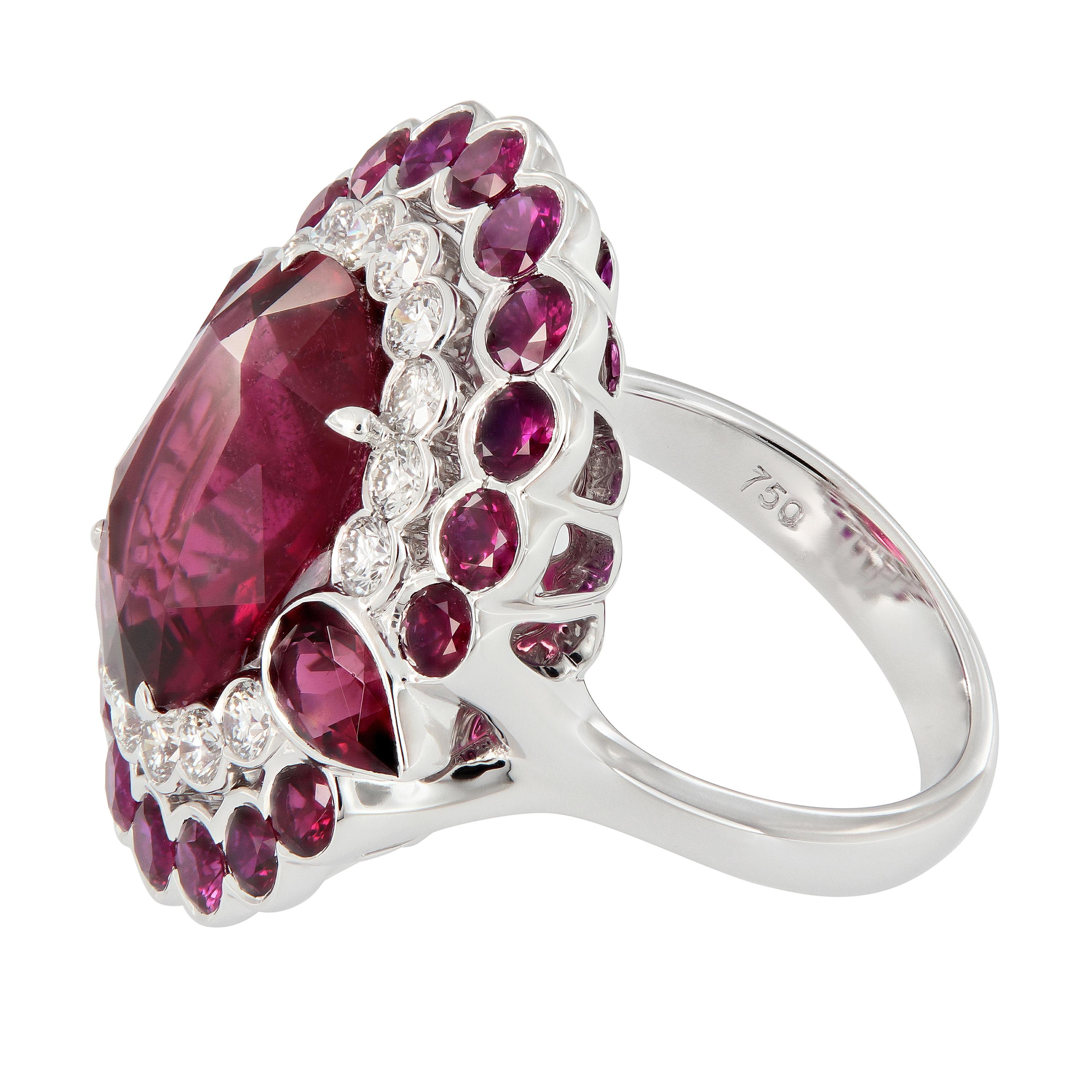 Oval Cut Rubelite Diamond Cluster Cocktail Ring 18 Karat White Gold For Sale