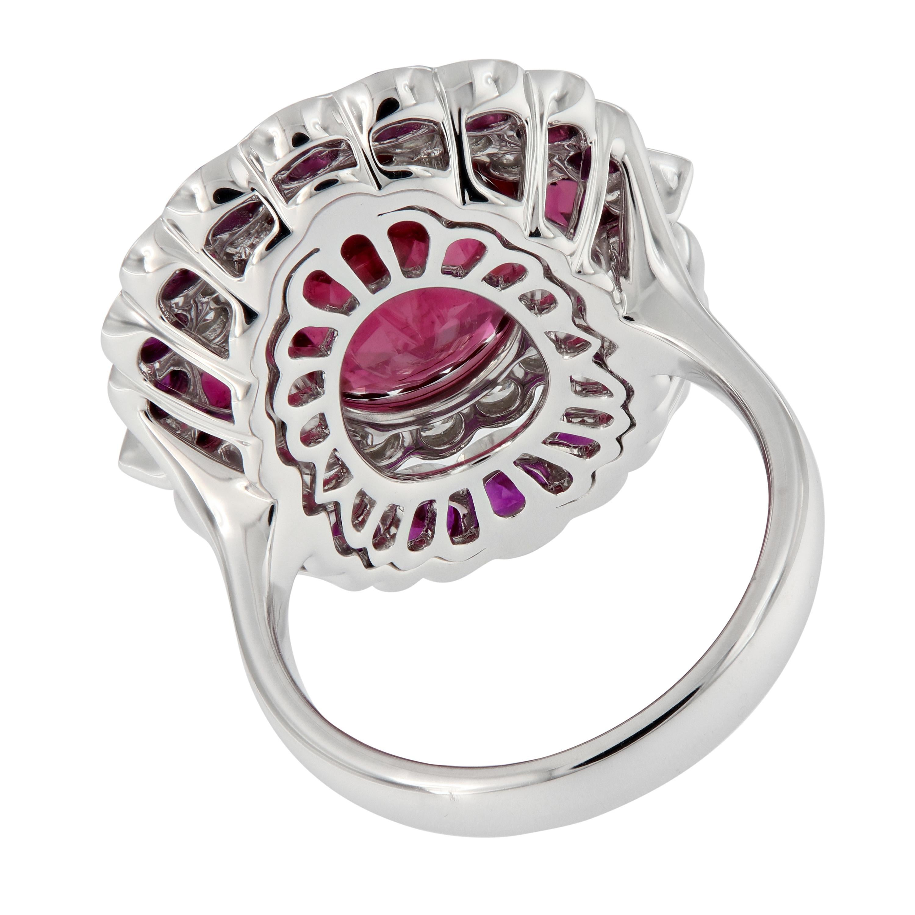Rubelite Diamond Cluster Cocktail Ring 18 Karat White Gold In New Condition For Sale In Troy, MI