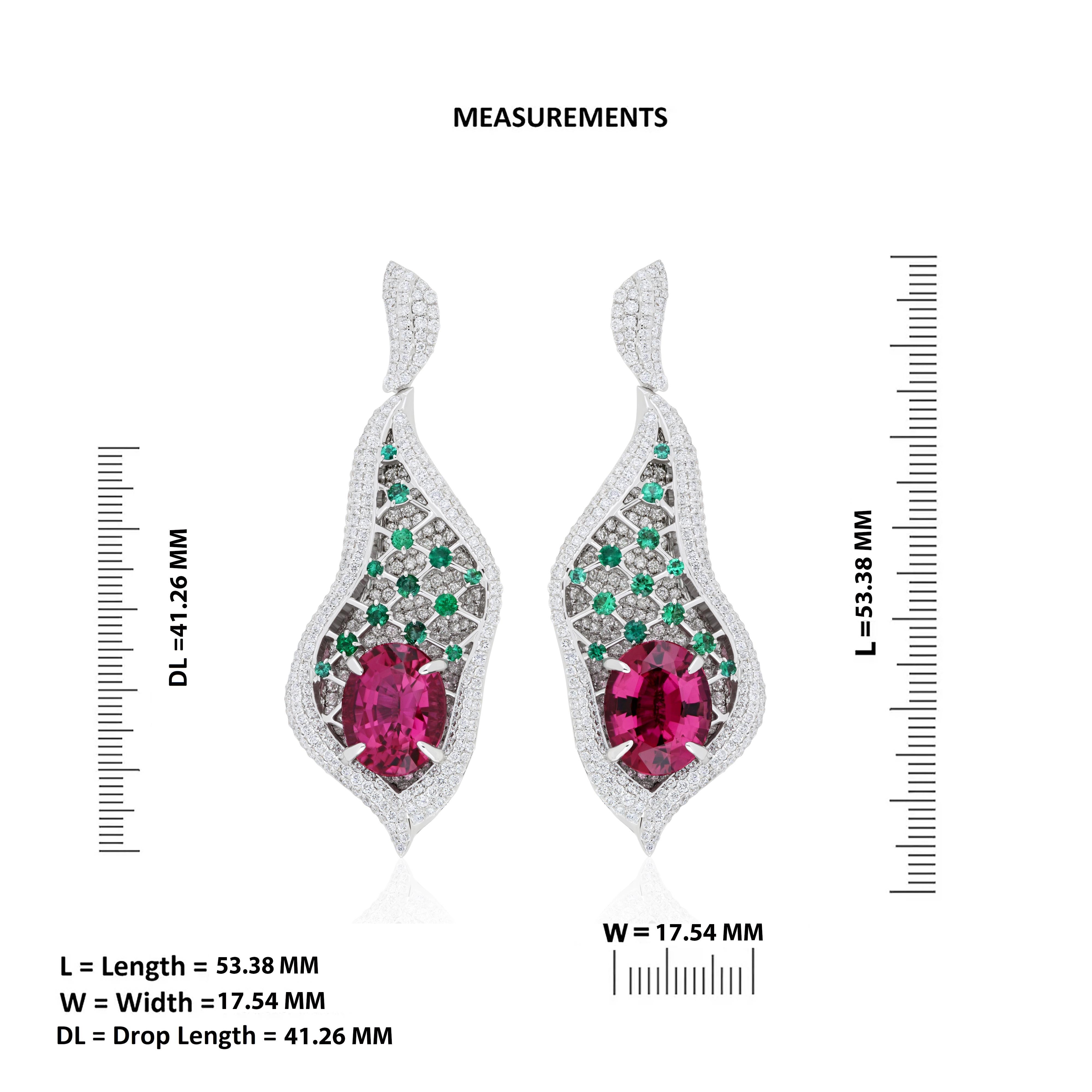 Rubelite, Emerald and Diamond Studded Earrings in 18K White Gold For Sale 5