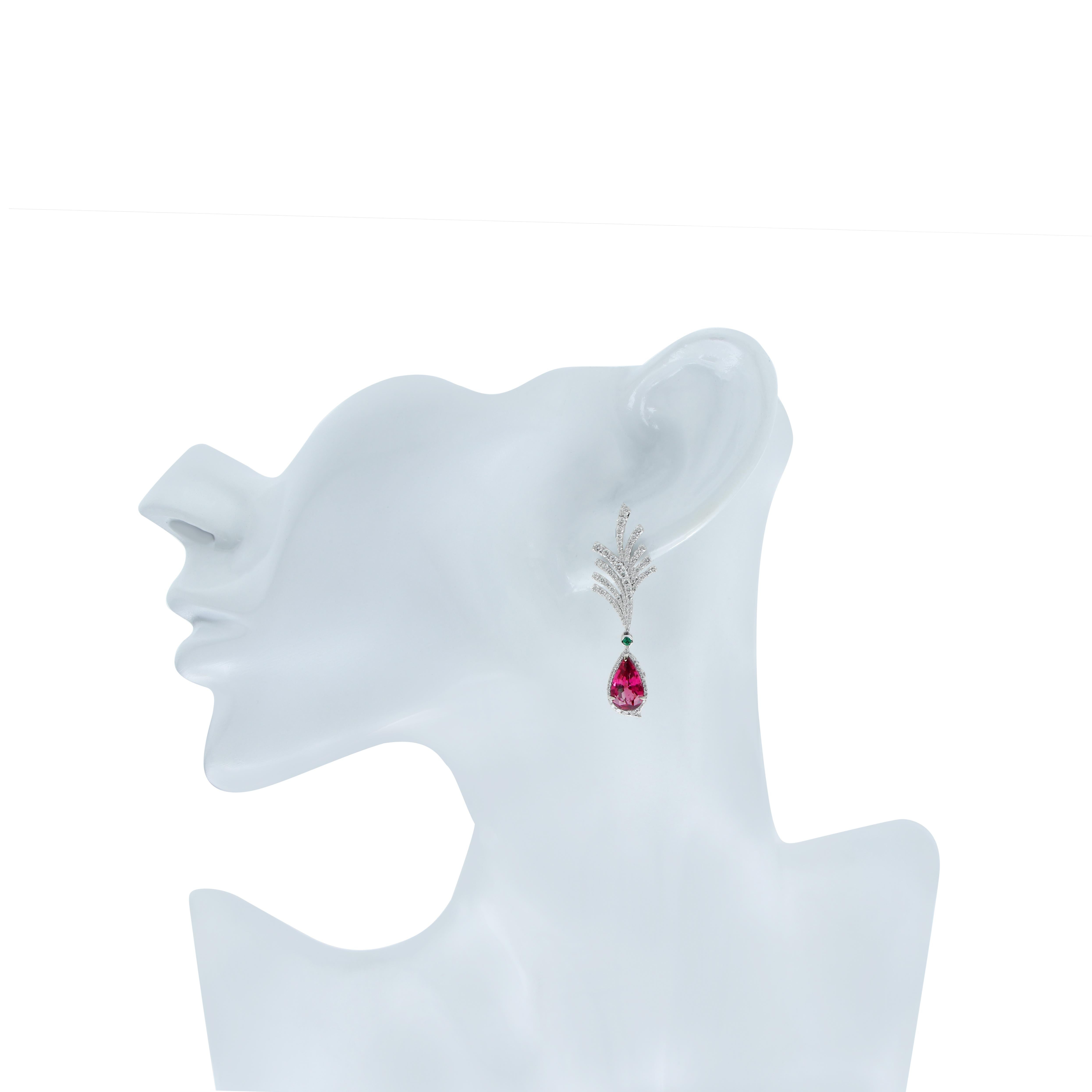 Rubelite, Emerald and Diamond Studded Earrings in 18K White Gold For Sale 6