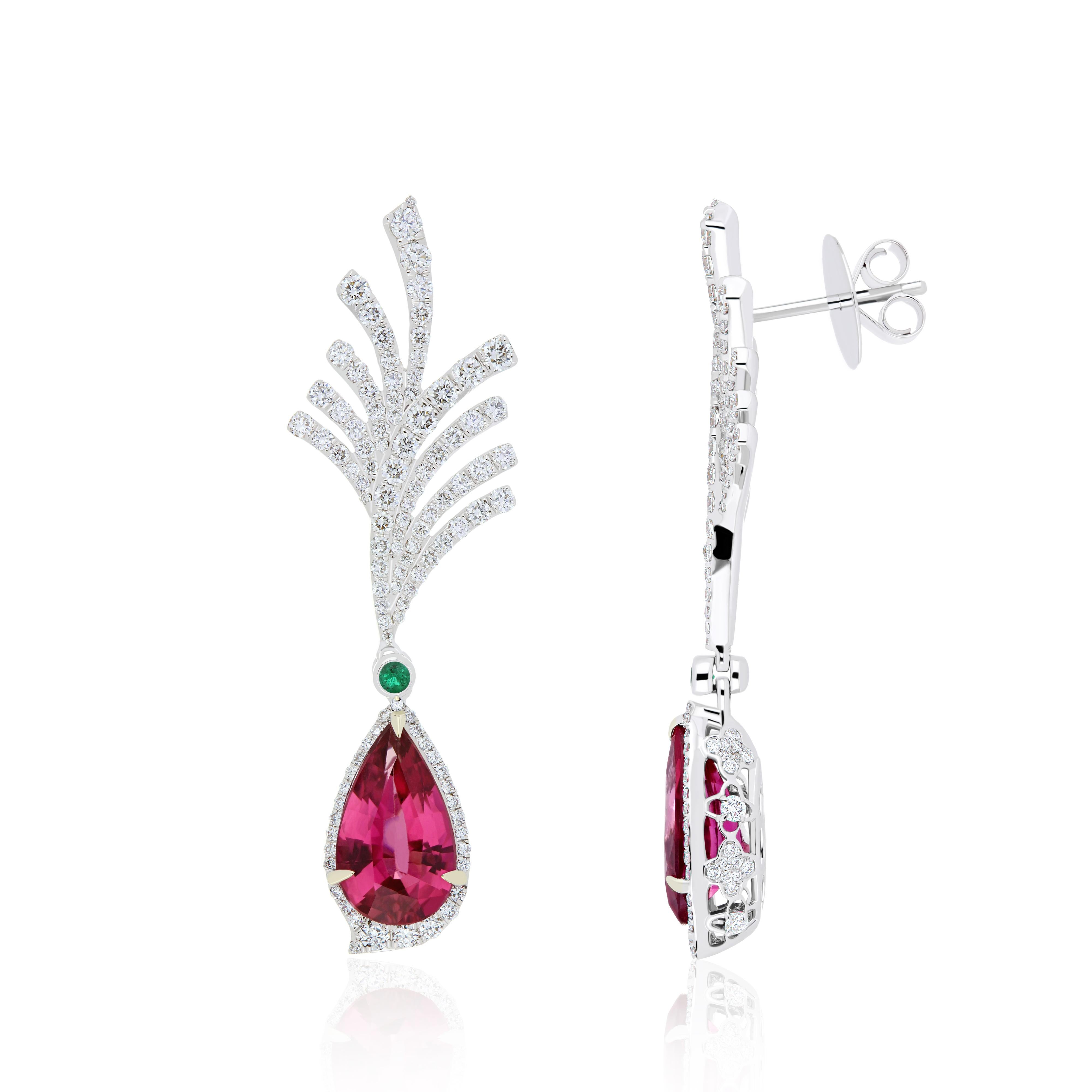 Elegant and Exquisitely detailed Gold Earring with 3.8 Cts (approx.) Pear shape Rubellite with Contrasting Vibrant Green Emeralds and accented with Micro pave set Diamonds, weighing approx.  1.8 CT's (approx.). total carat weight to further enhance