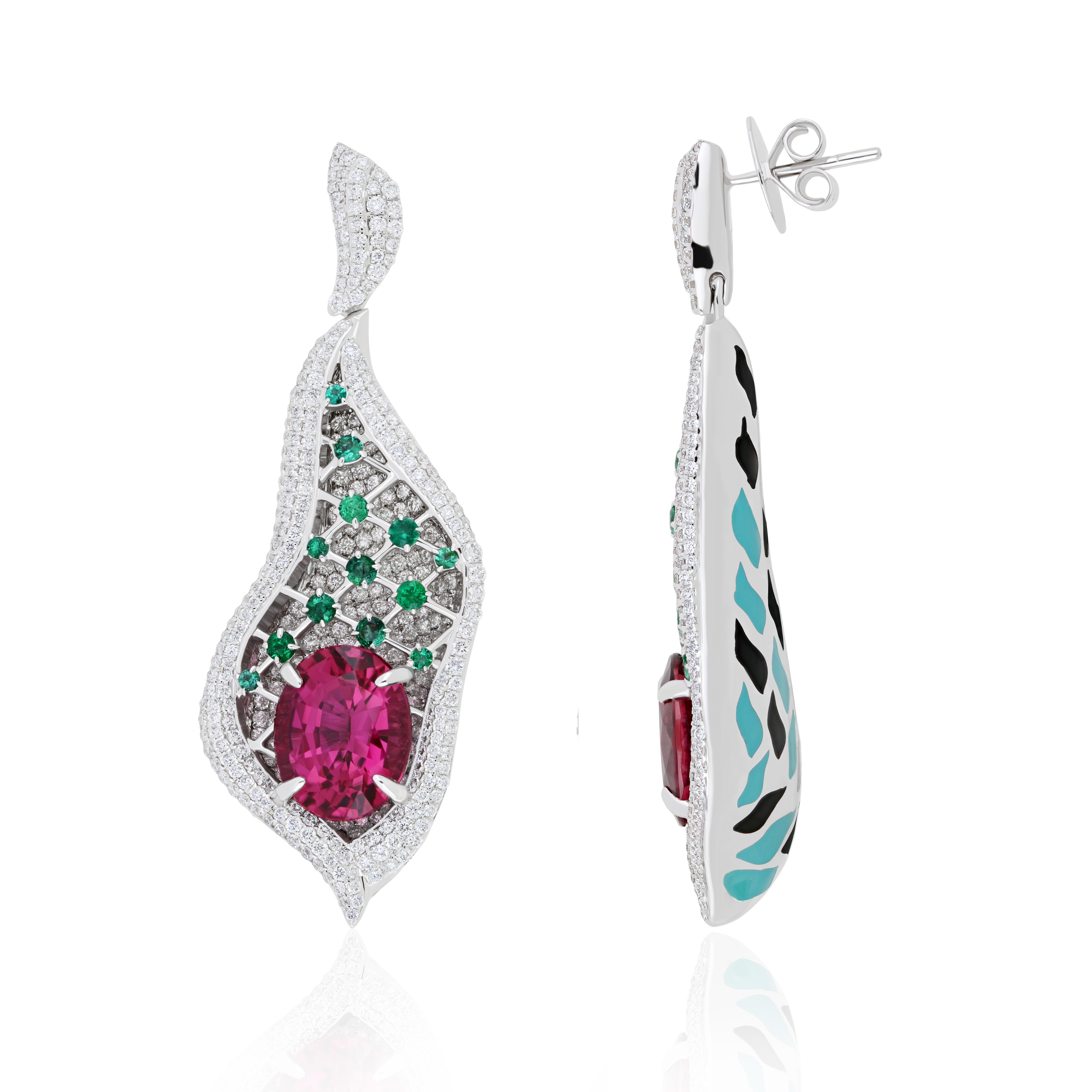 Elegant and Exquisitely detailed Gold Earring with 8.3 Cts (approx.) Oval shape Rubellite set with contrasting Vibrant Green Emeralds accented with Micro pave set Diamonds, weighing approx.  4.6 CT's (approx.). total carat weight to further enhance