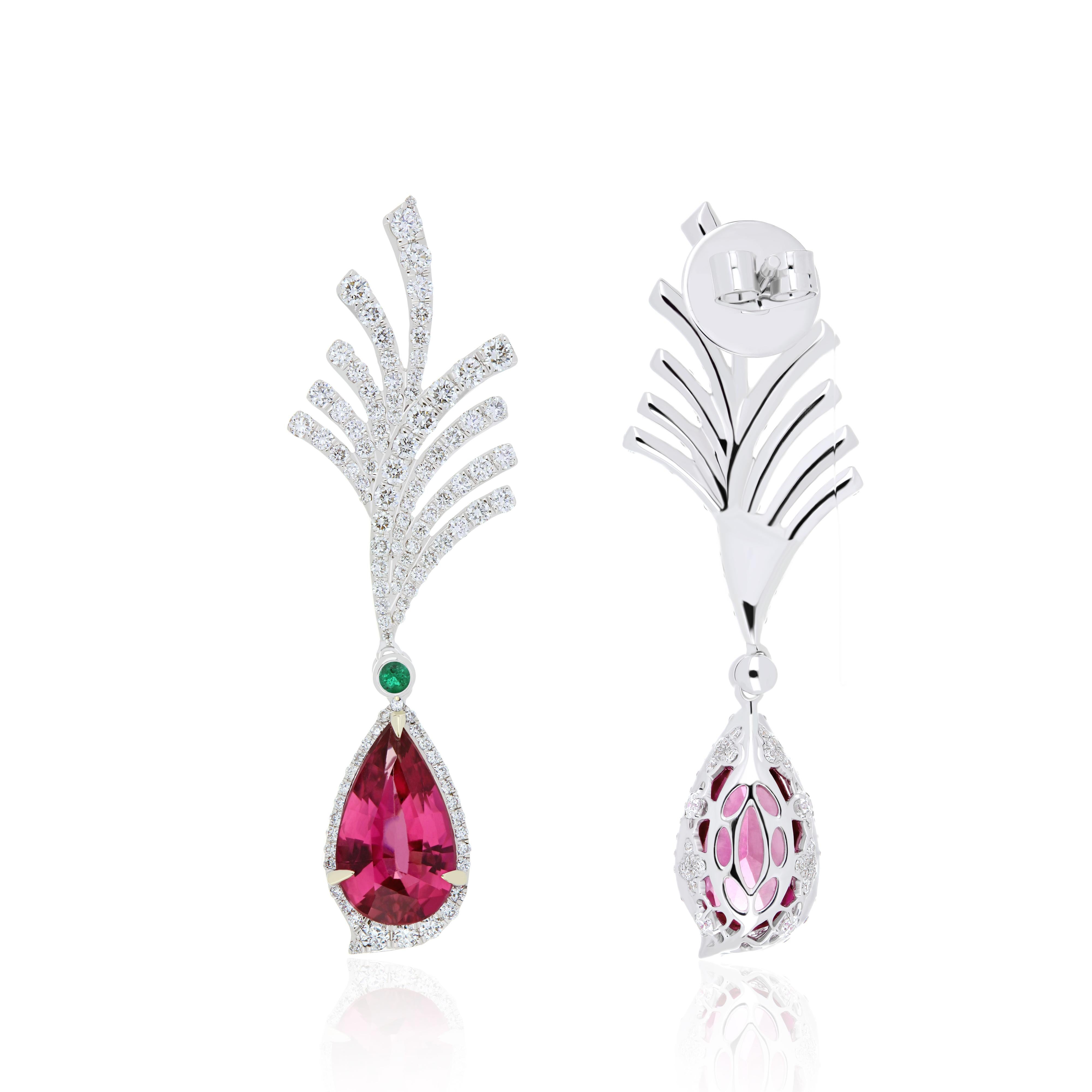 Pear Cut Rubelite, Emerald and Diamond Studded Earrings in 18K White Gold  For Sale