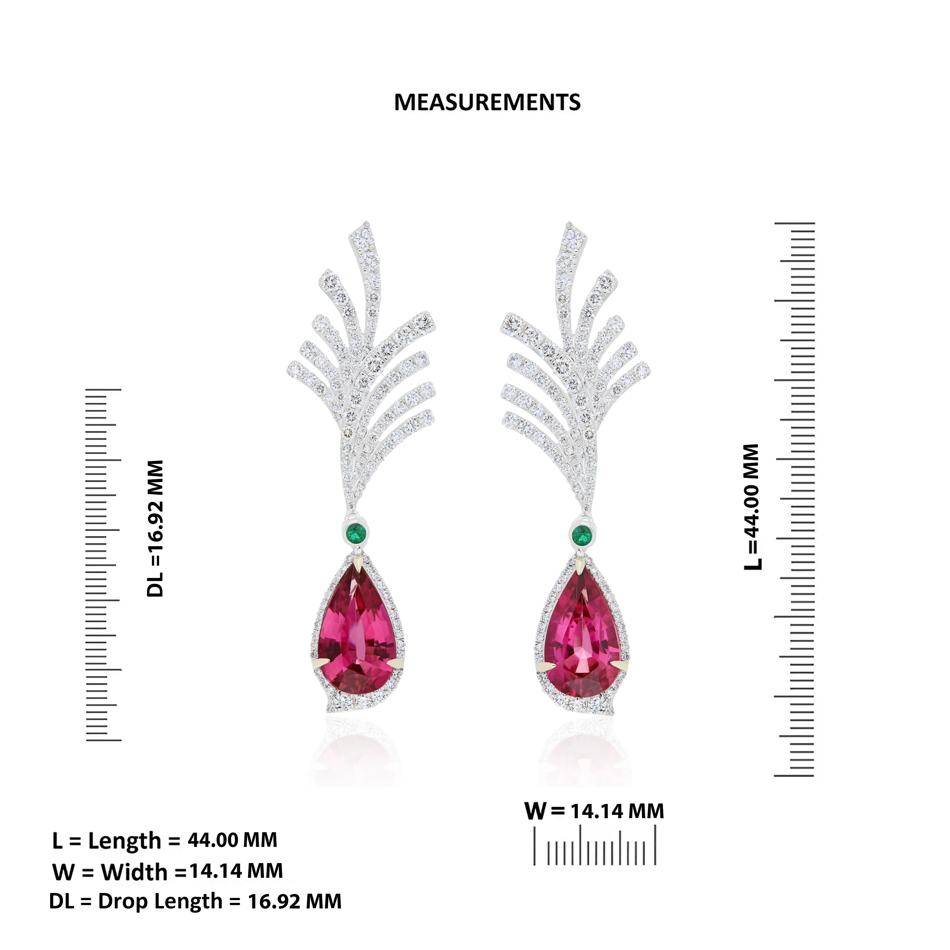 Rubelite, Emerald and Diamond Studded Earrings in 18K White Gold  In New Condition For Sale In JAIPUR, IN