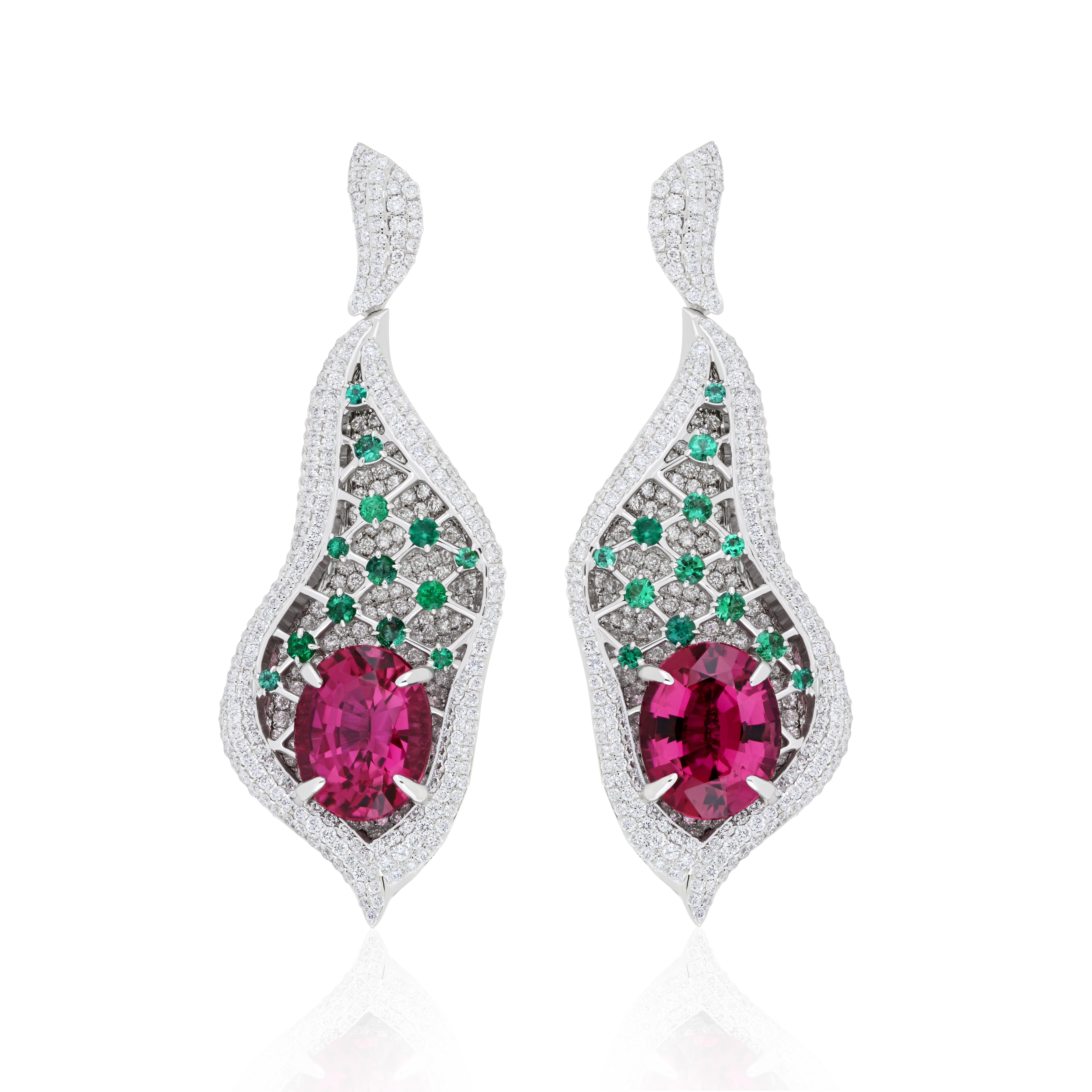 Women's Rubelite, Emerald and Diamond Studded Earrings in 18K White Gold  For Sale
