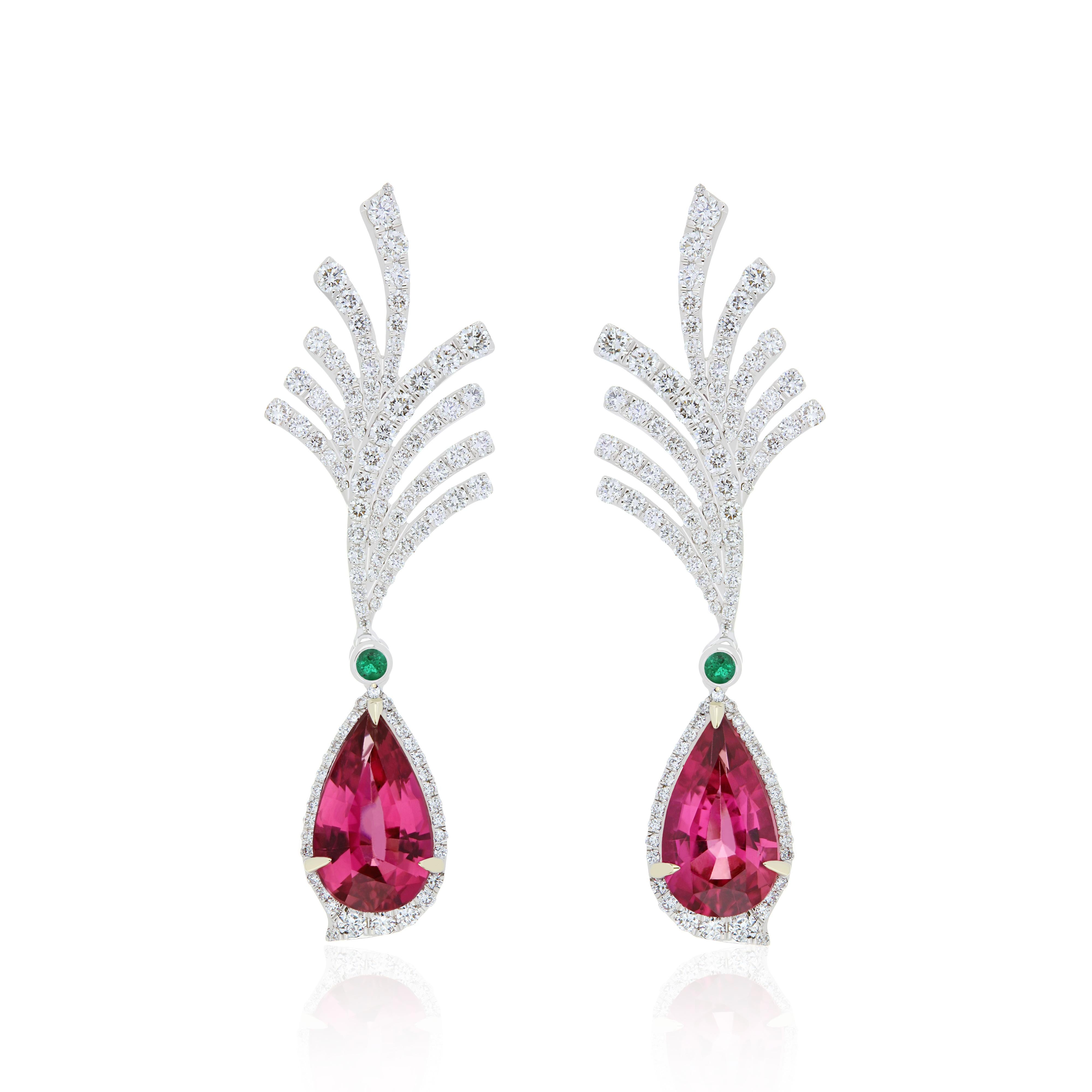 Rubelite, Emerald and Diamond Studded Earrings in 18K White Gold  For Sale 1