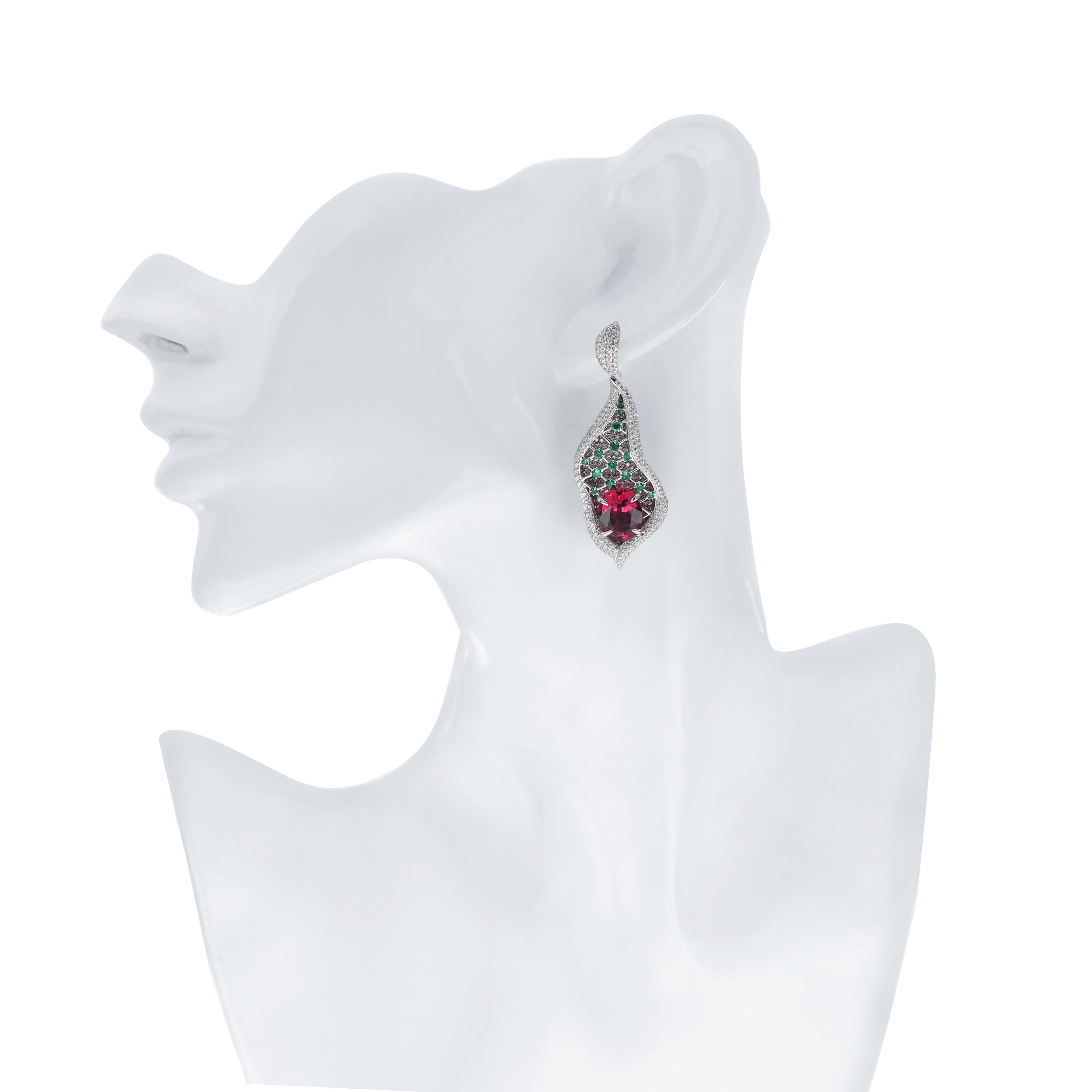 Rubelite, Emerald and Diamond Studded Earrings in 18K White Gold  For Sale 1