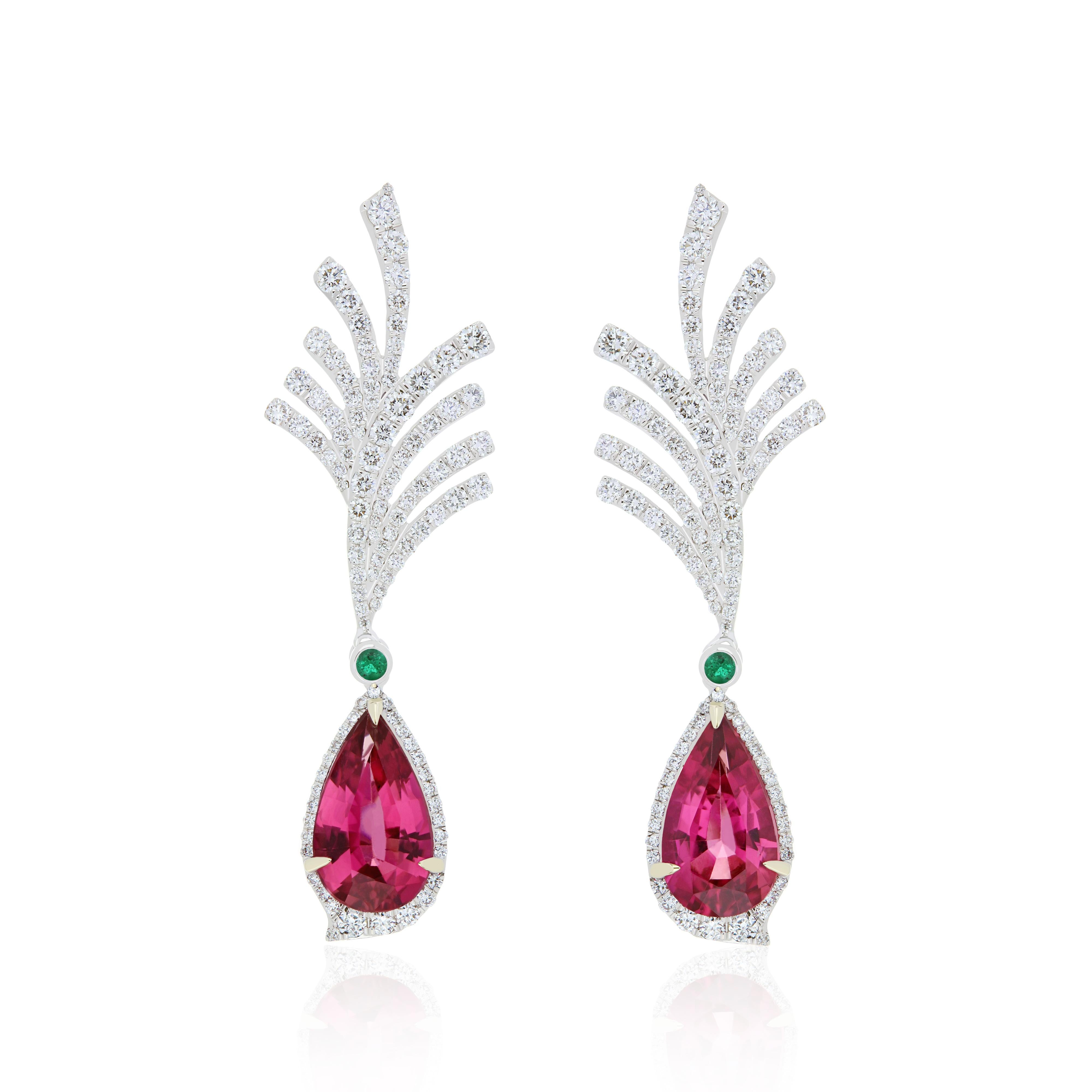 Rubelite, Emerald and Diamond Studded Earrings in 18K White Gold For Sale 2