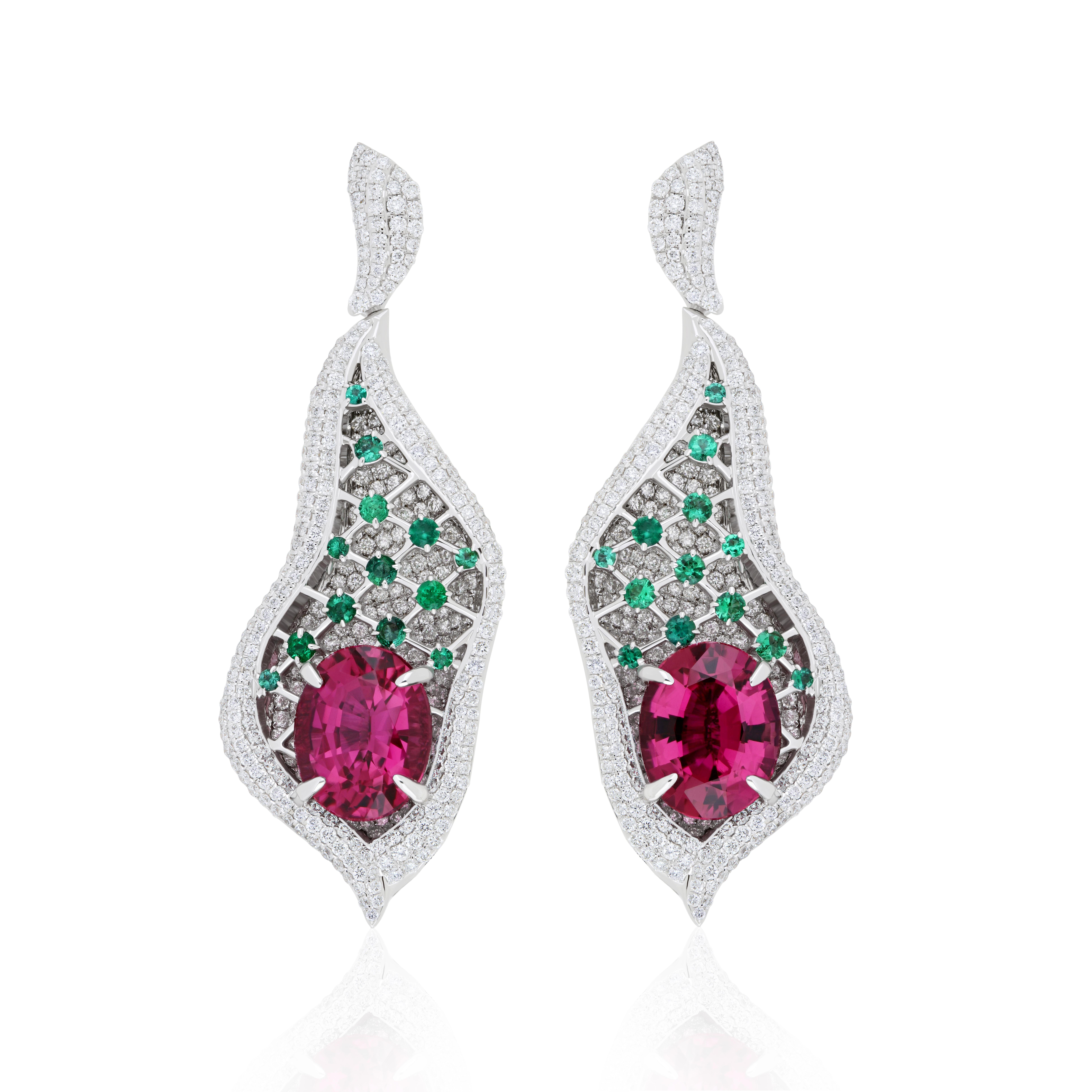 Rubelite, Emerald and Diamond Studded Earrings in 18K White Gold For Sale 2