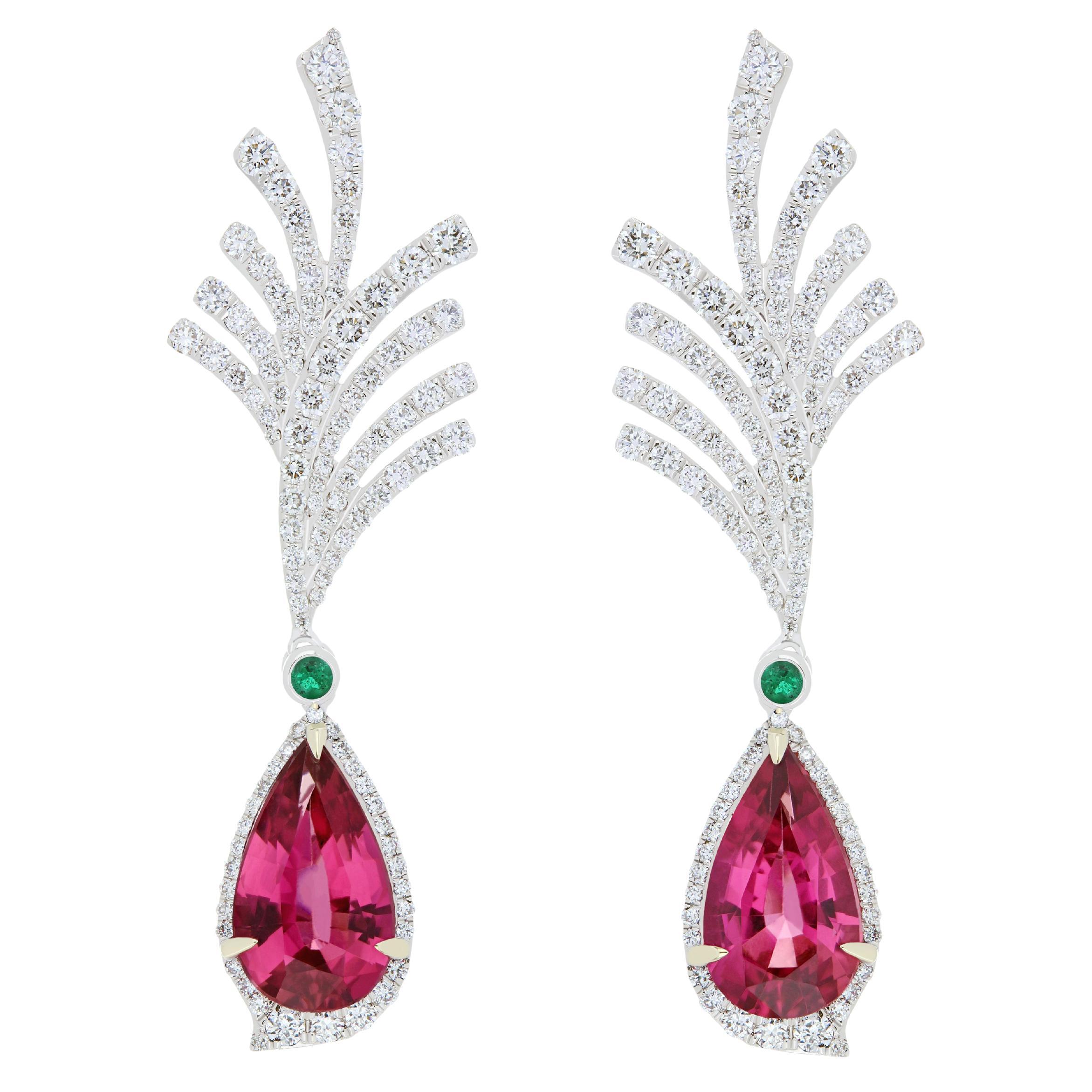 Rubelite, Emerald and Diamond Studded Earrings in 18K White Gold  For Sale