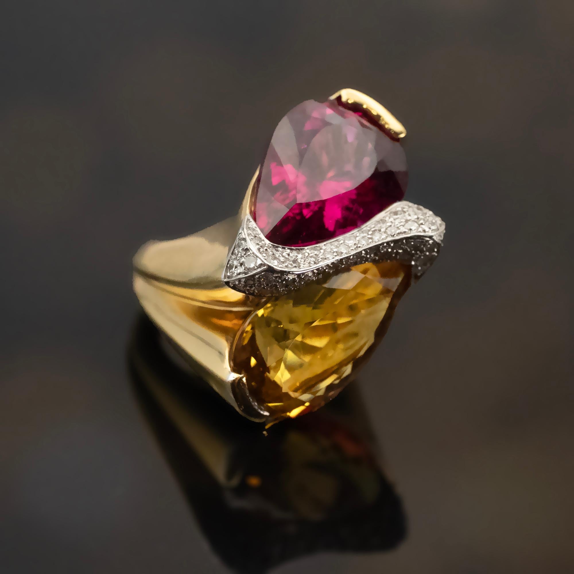 Rubelit Goldener Beryll Gold Toi et Moi Cocktail-Ring (Moderne) im Angebot