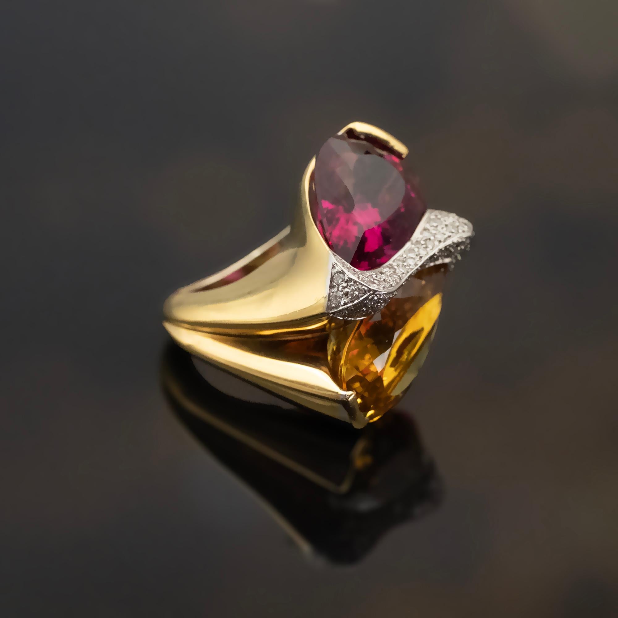 Rubelit Goldener Beryll Gold Toi et Moi Cocktail-Ring im Zustand „Neu“ im Angebot in Monte Carlo, MC