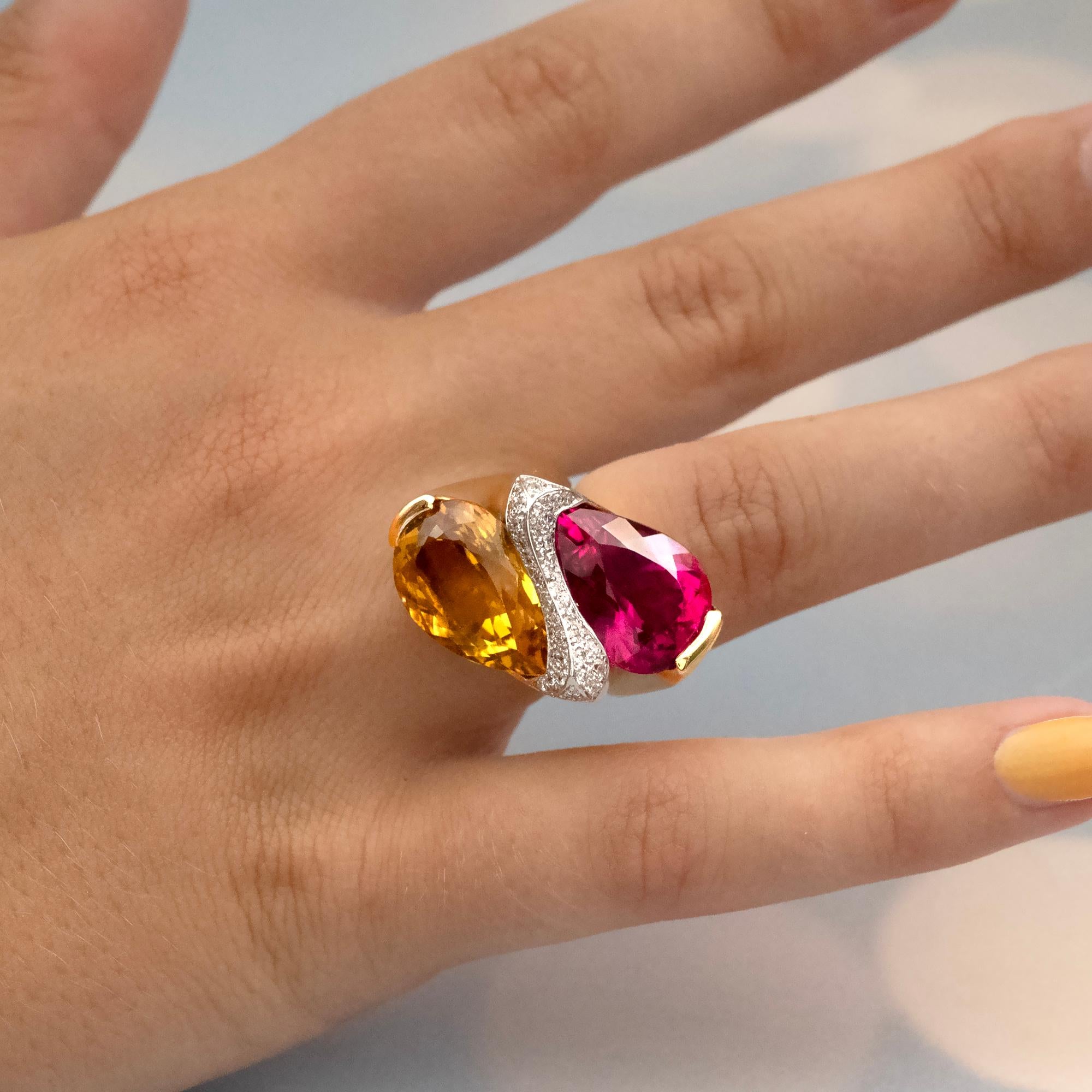 Rubelit Goldener Beryll Gold Toi et Moi Cocktail-Ring im Angebot 2