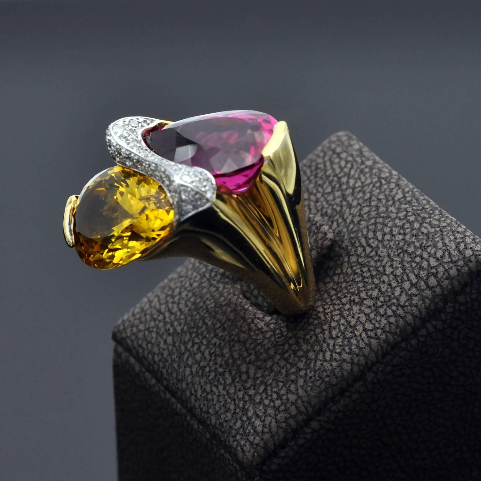 Pear Cut Rubelite Golden Beryl Gold Toi et Moi Cocktail Ring For Sale