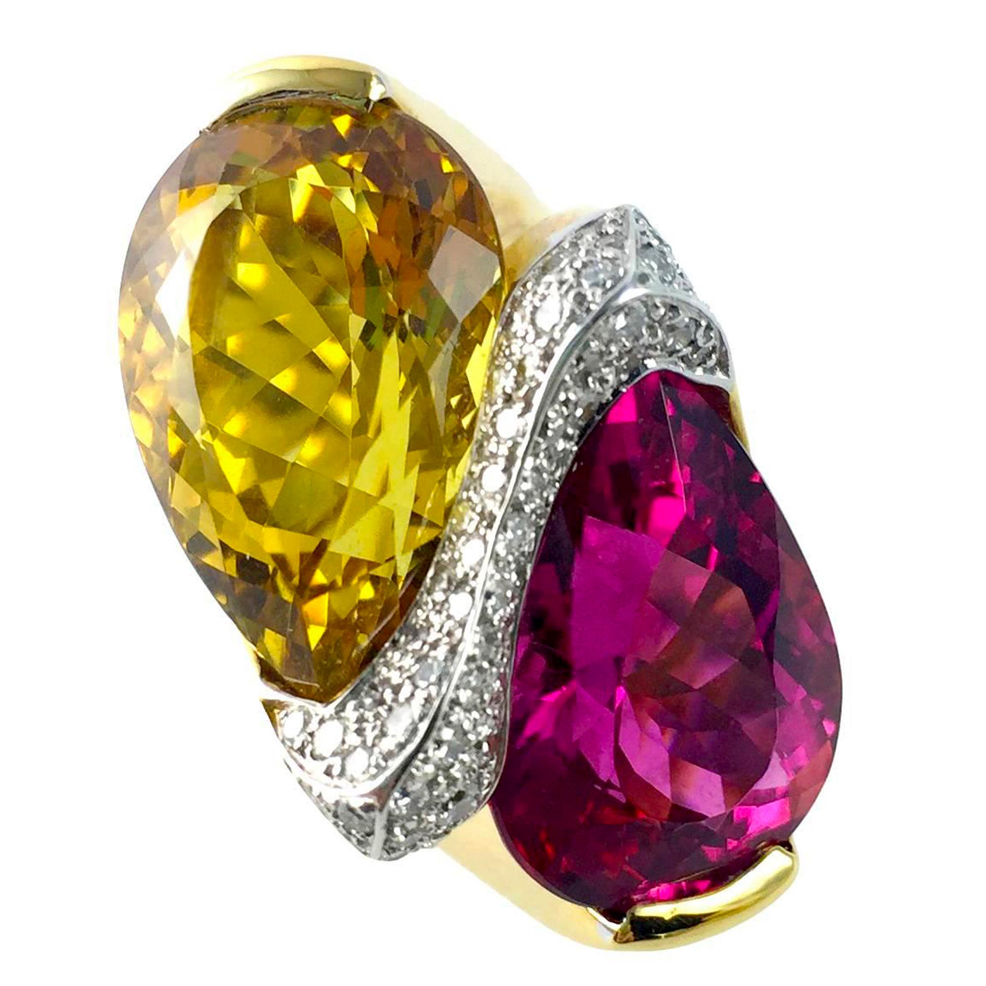 Rubelita Berilo Dorado Oro Anillo de Cóctel Toi et Moi en venta