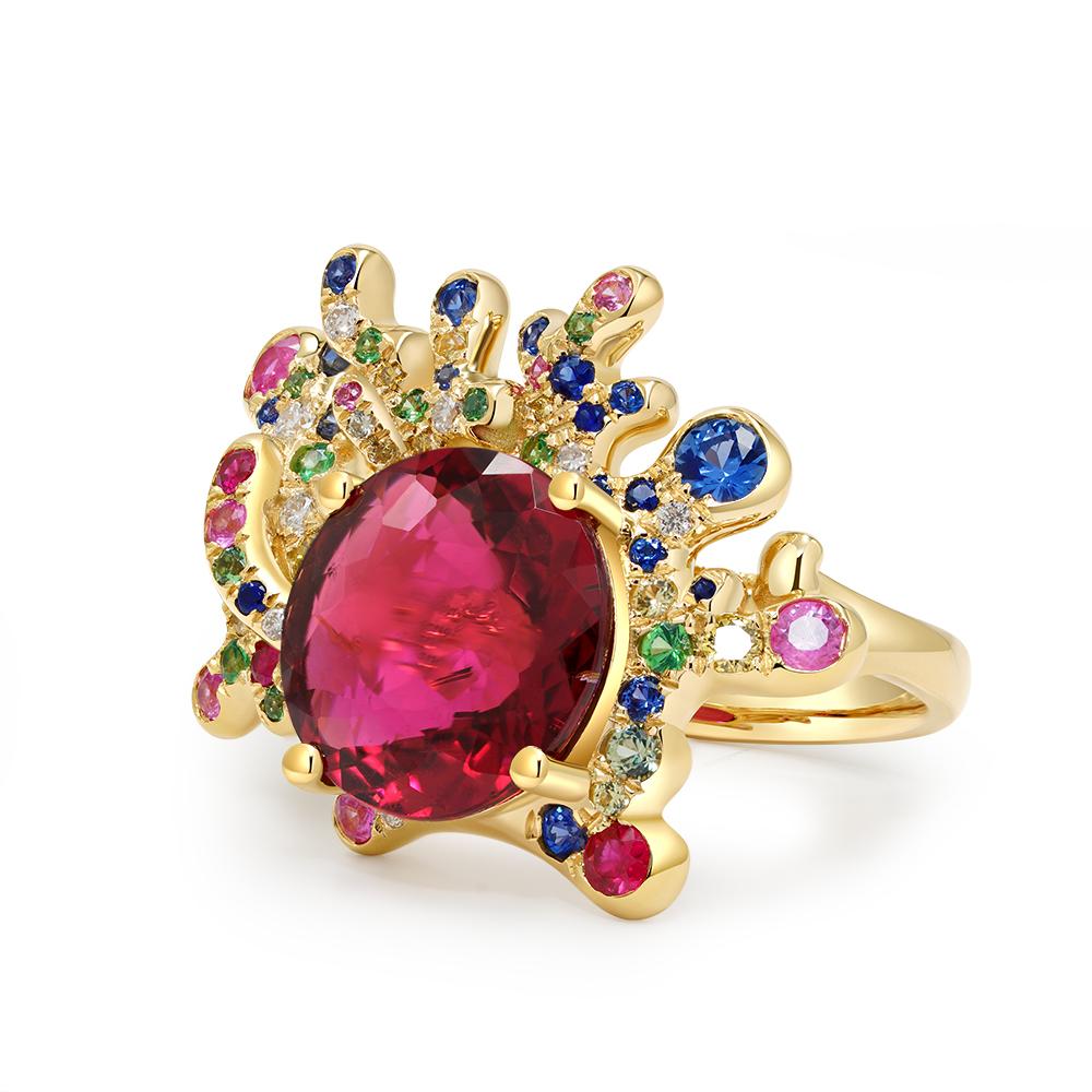 For Sale:  Rubelite 'Red Tourmaline', Colour Sapphire and Diamond Cocktail Ring 2