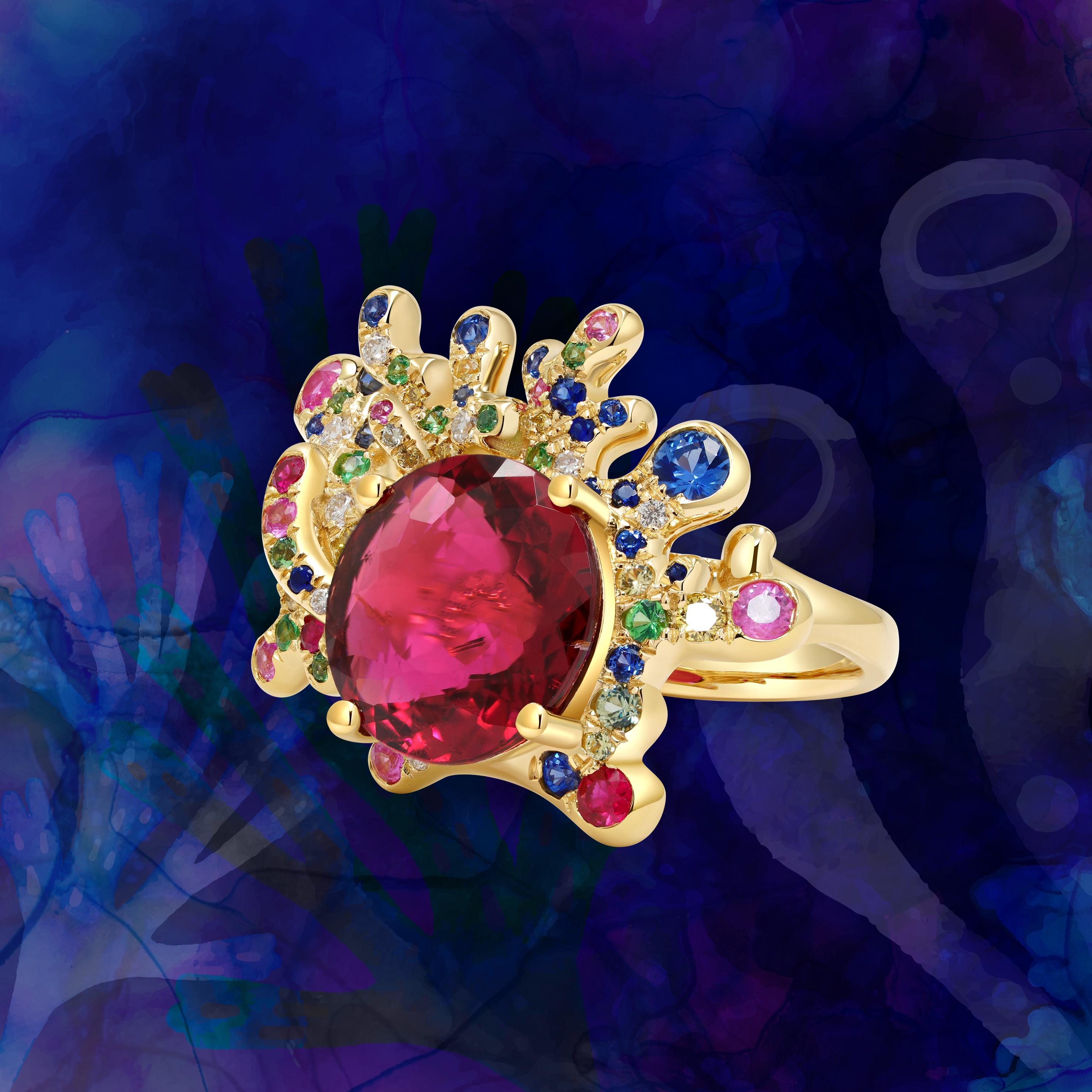 For Sale:  Rubelite 'Red Tourmaline', Colour Sapphire and Diamond Cocktail Ring 5