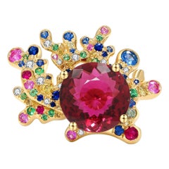 Rubelite 
Red Tourmaline
, Colour Sapphire and Diamond Cocktail Ring