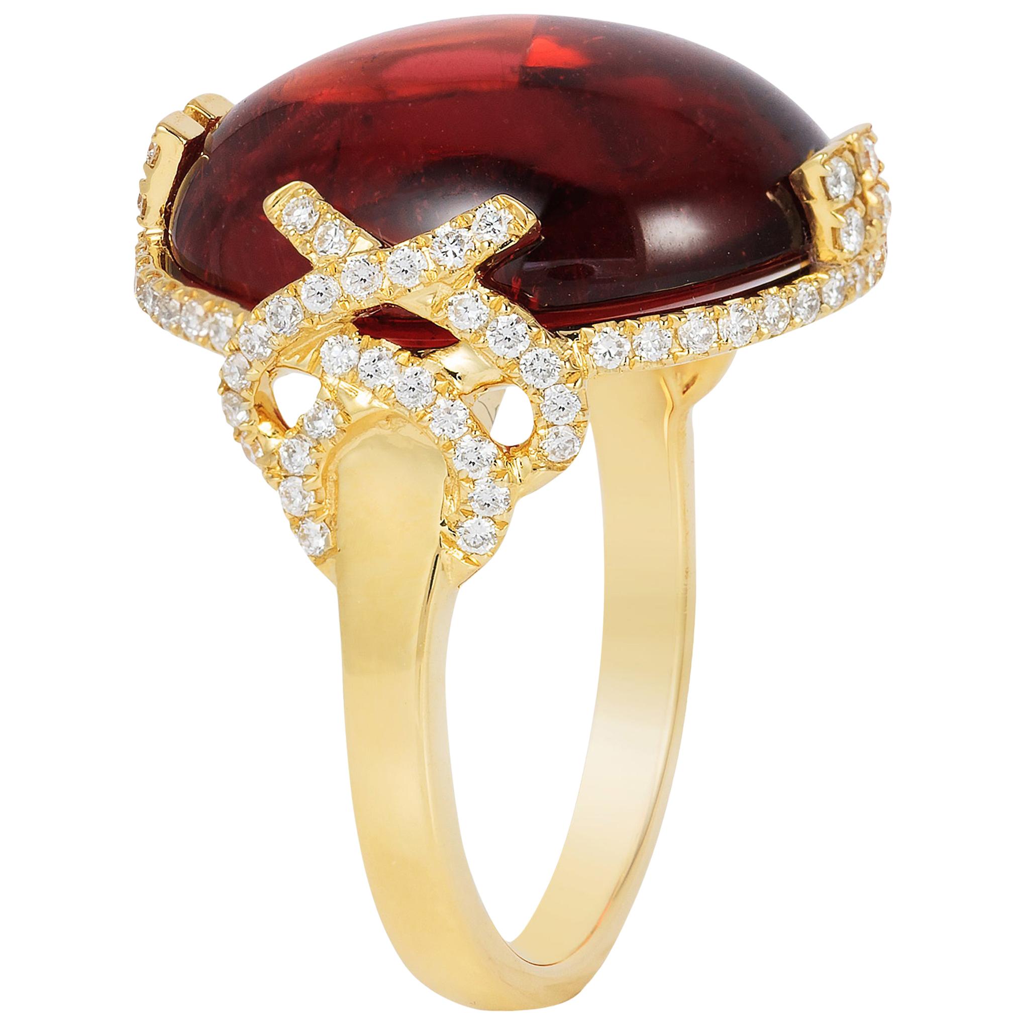 Goshwara Rubelite Cabochon 'X' Prong And Diamond Ring For Sale