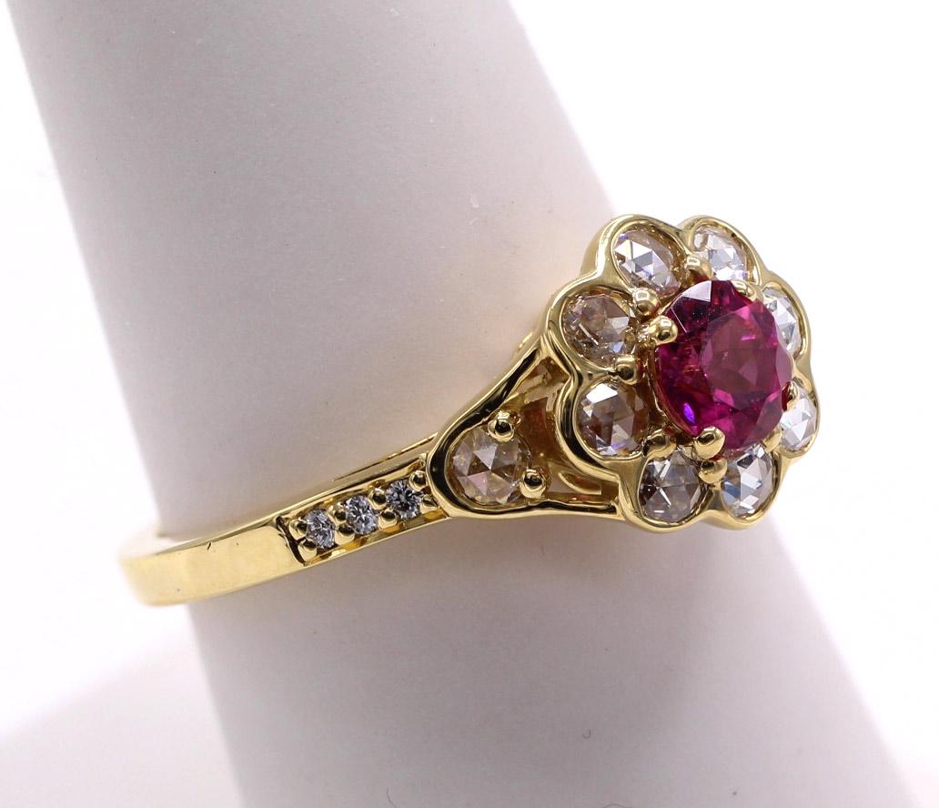 Contemporary Rubelite Rose Cut Diamond and Diamond 18 Karat Yellow Gold Ring  For Sale