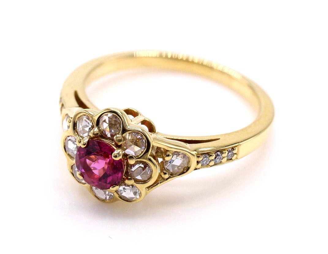 Mixed Cut Rubelite Rose Cut Diamond and Diamond 18 Karat Yellow Gold Ring  For Sale