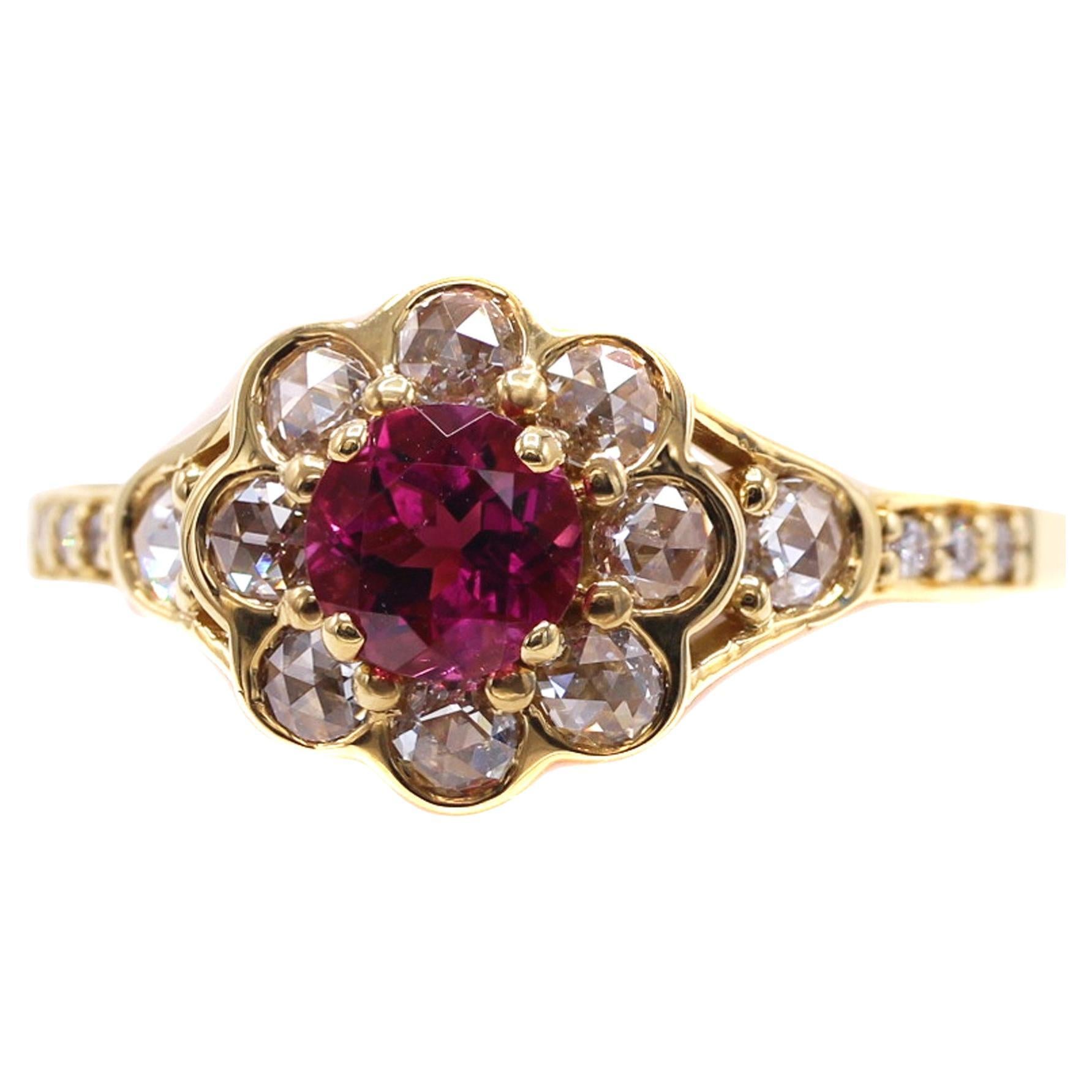 Rubelite Rose Cut Diamond and Diamond 18 Karat Yellow Gold Ring  For Sale