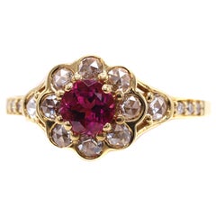 Rubelite Rose Cut Diamond and Diamond 18 Karat Yellow Gold Ring 