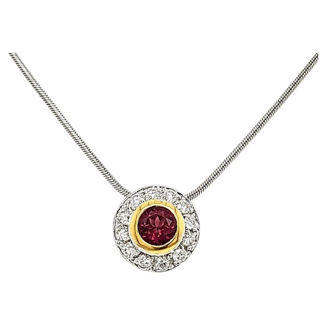 Rubelite Round Pendant in 18k Gold Chain