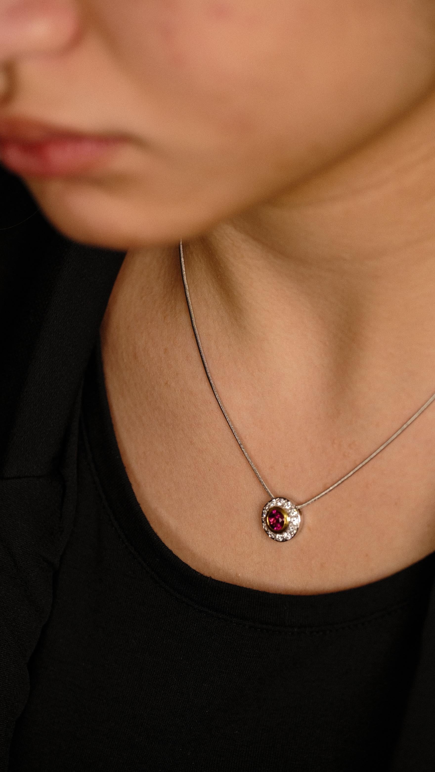 Rubelite Round Pendant in 18k Gold Chain For Sale 4