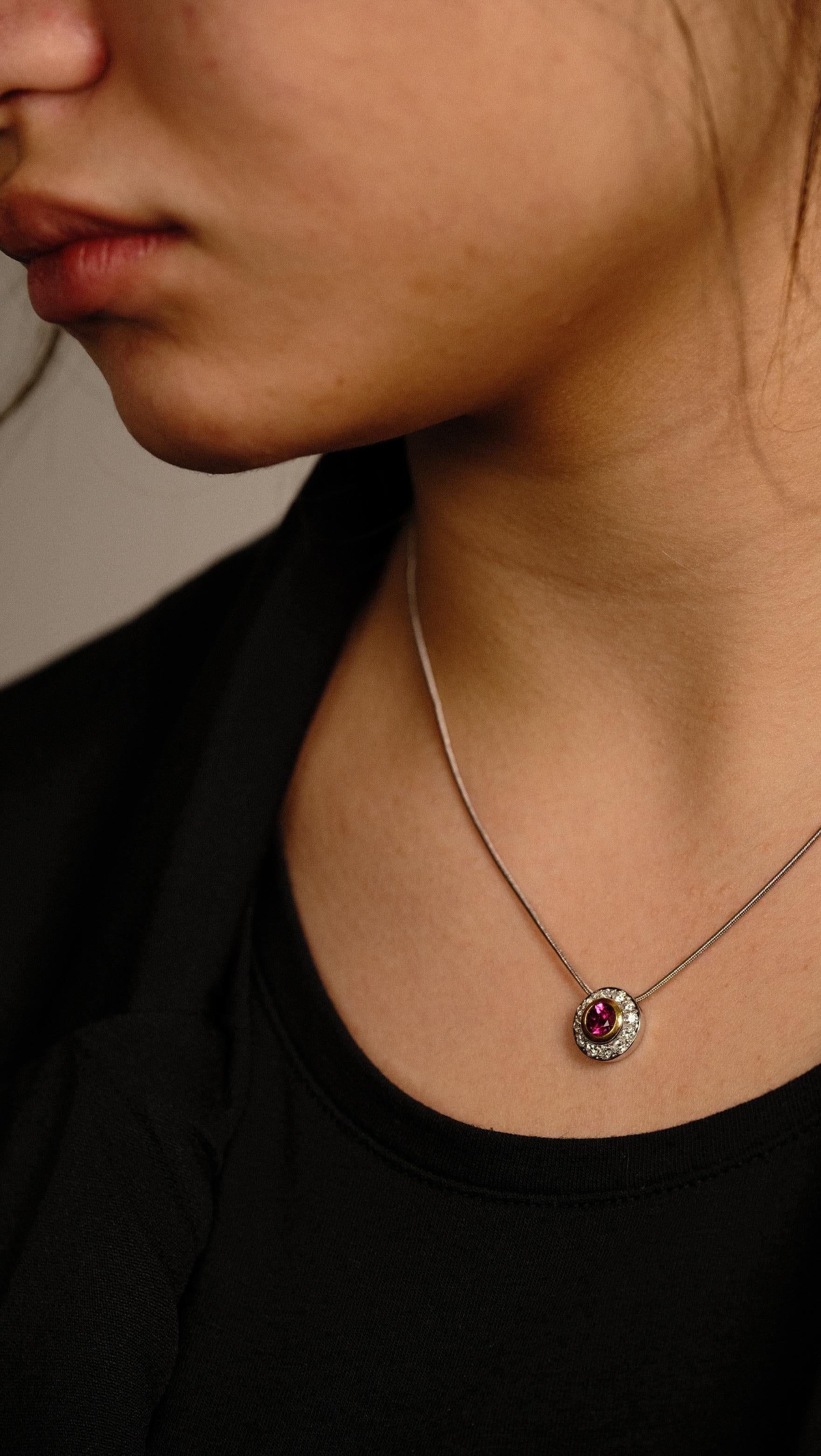 Rubelite Round Pendant in 18k Gold Chain For Sale 5